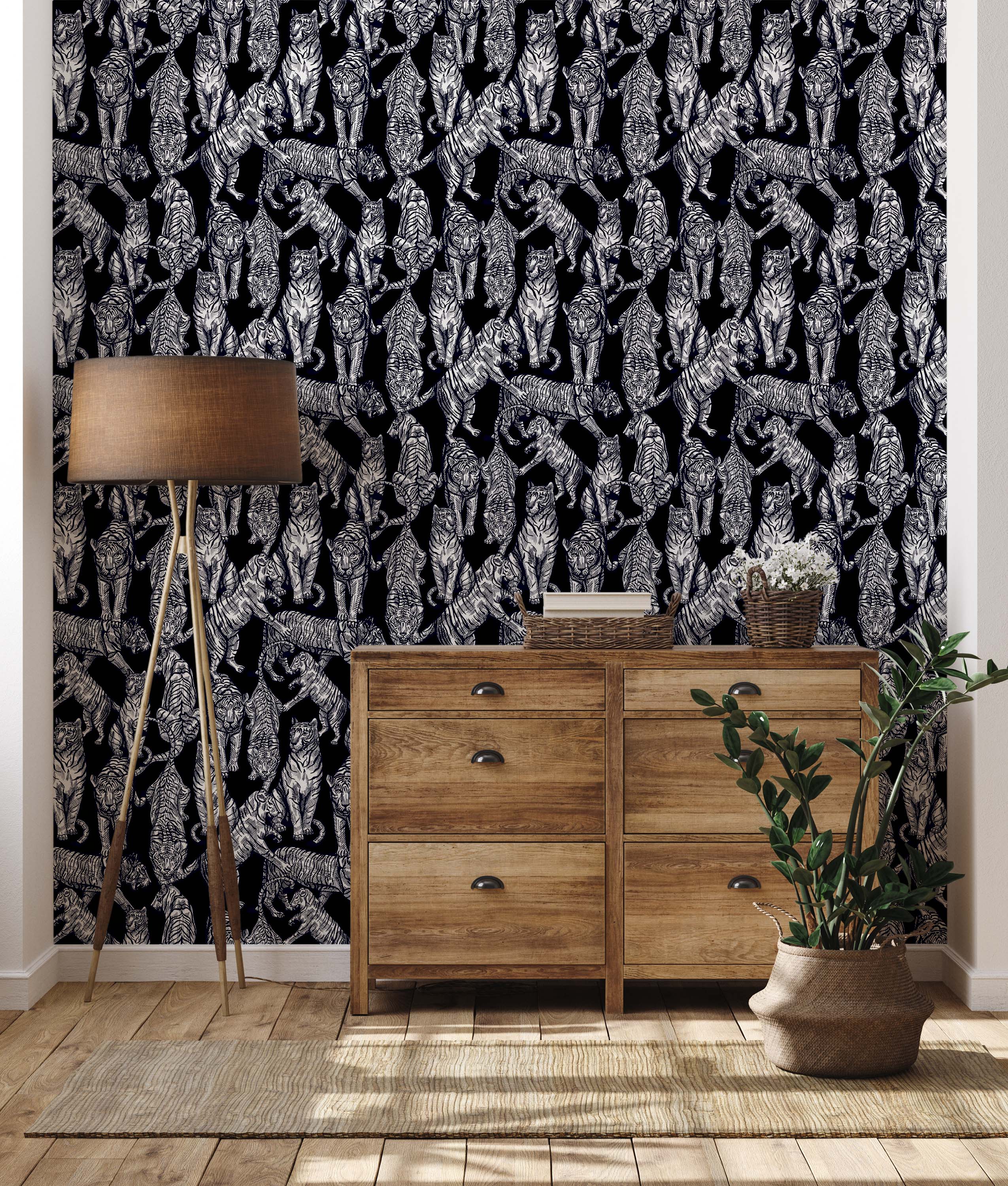 A black and white wallpaper featuring a dense, repeating pattern of illustrated tigers in various dynamic poses.