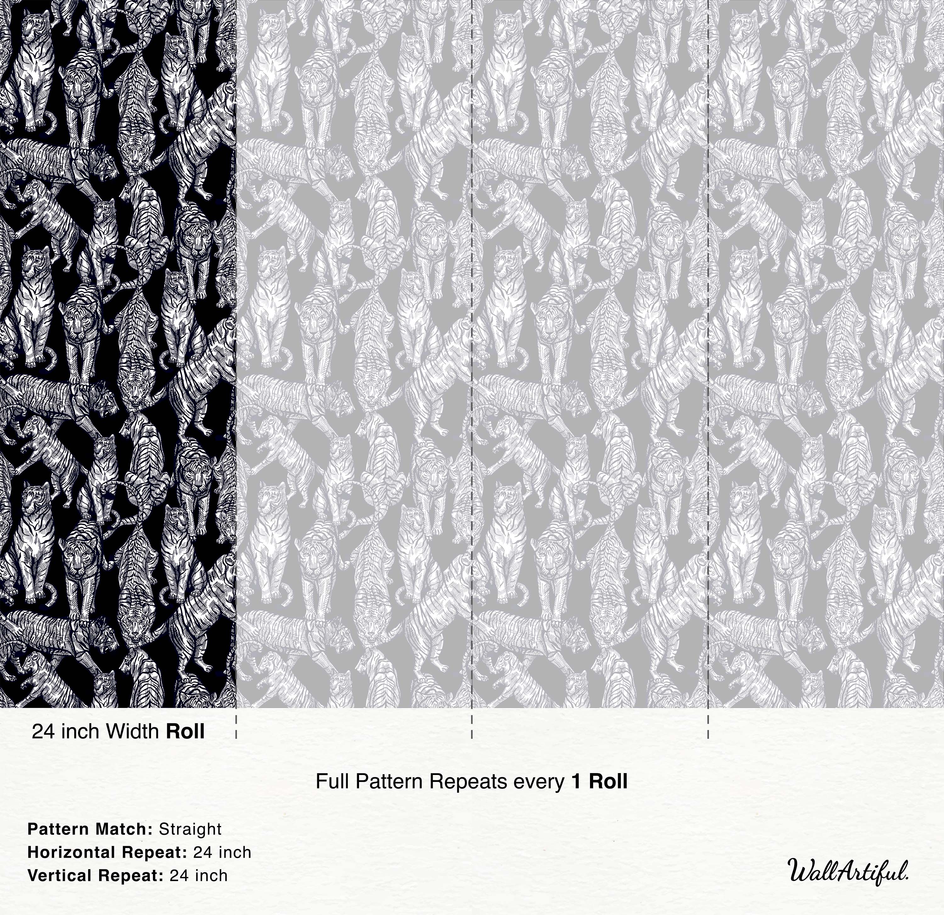 A black and white wallpaper featuring a dense, repeating pattern of illustrated tigers in various poses.