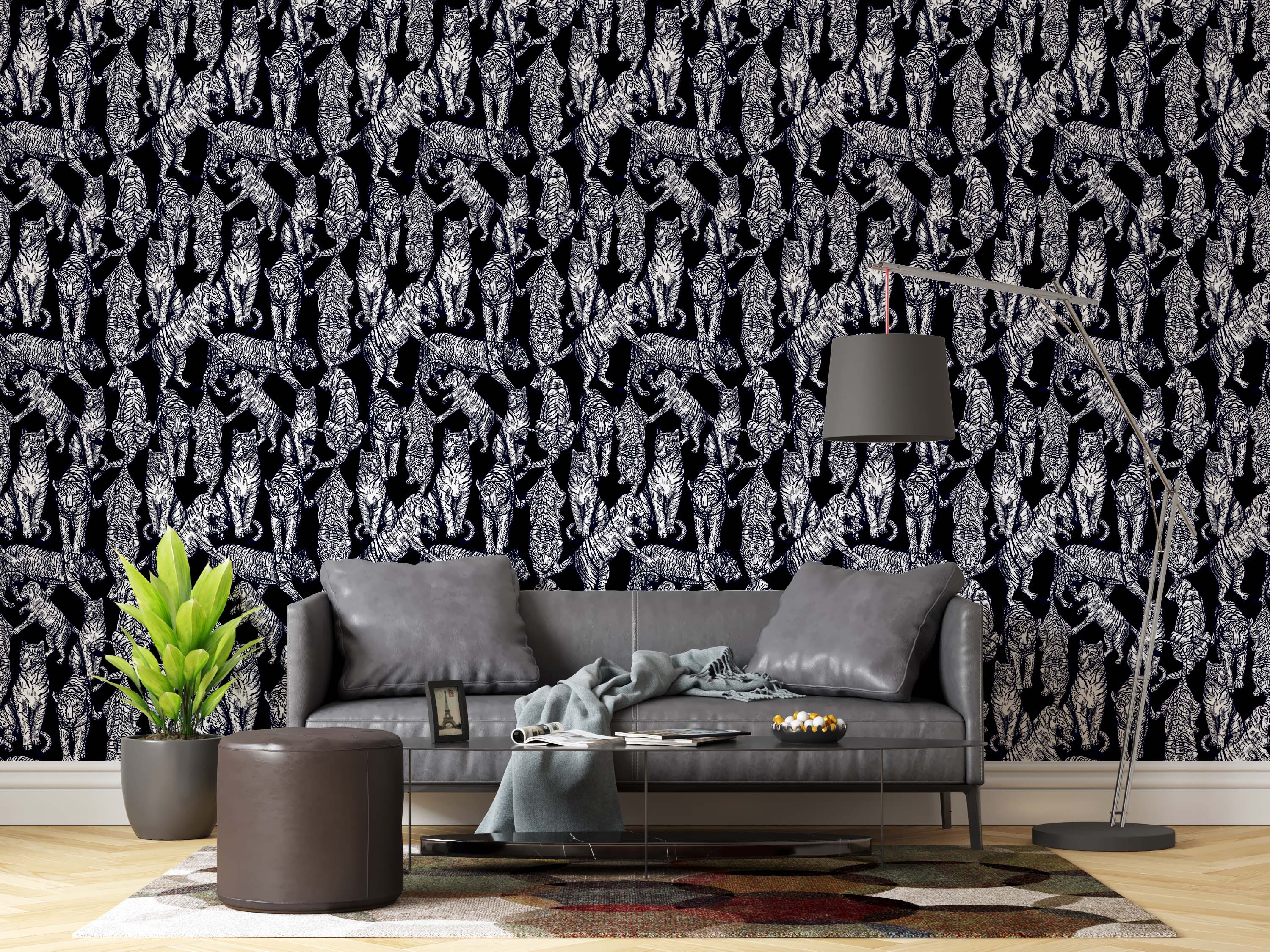 Wallpaper with a repeating pattern of hand-drawn white tigers in various poses on a solid black background.