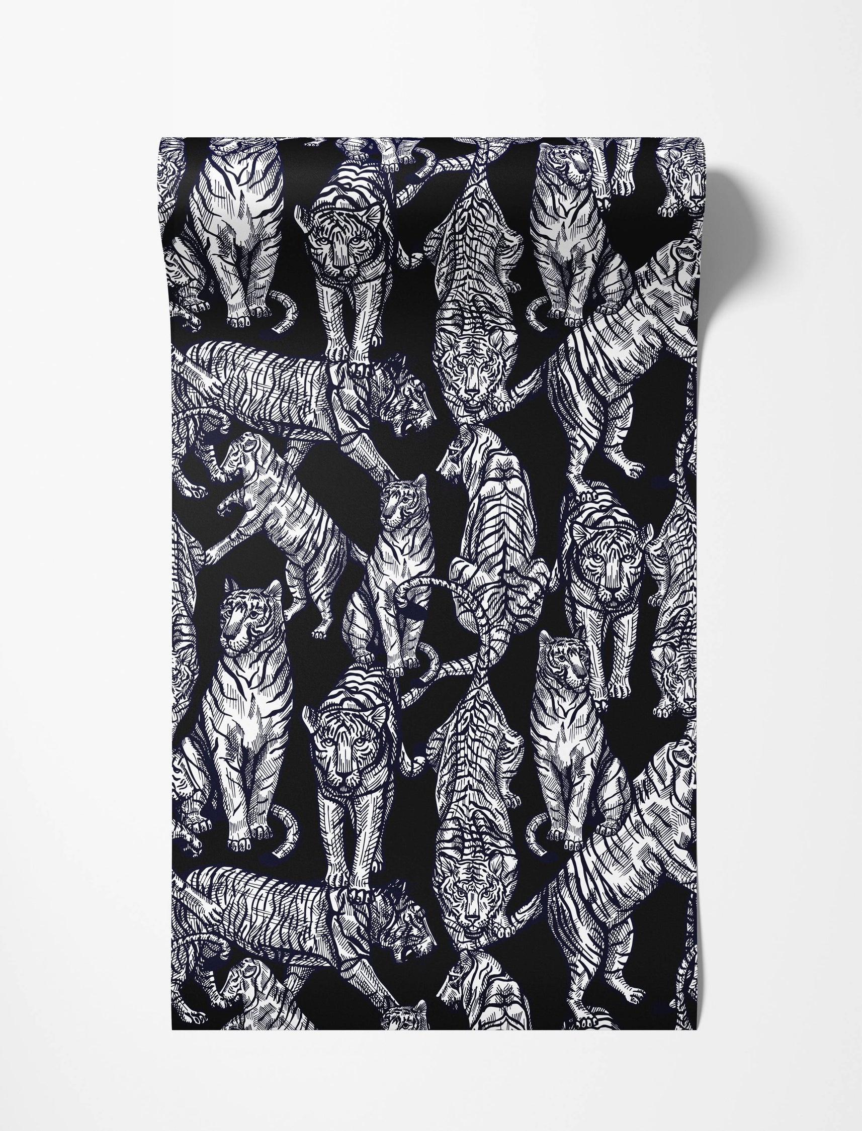 A repeating wallpaper pattern of illustrative white tigers in various poses on a solid black background.