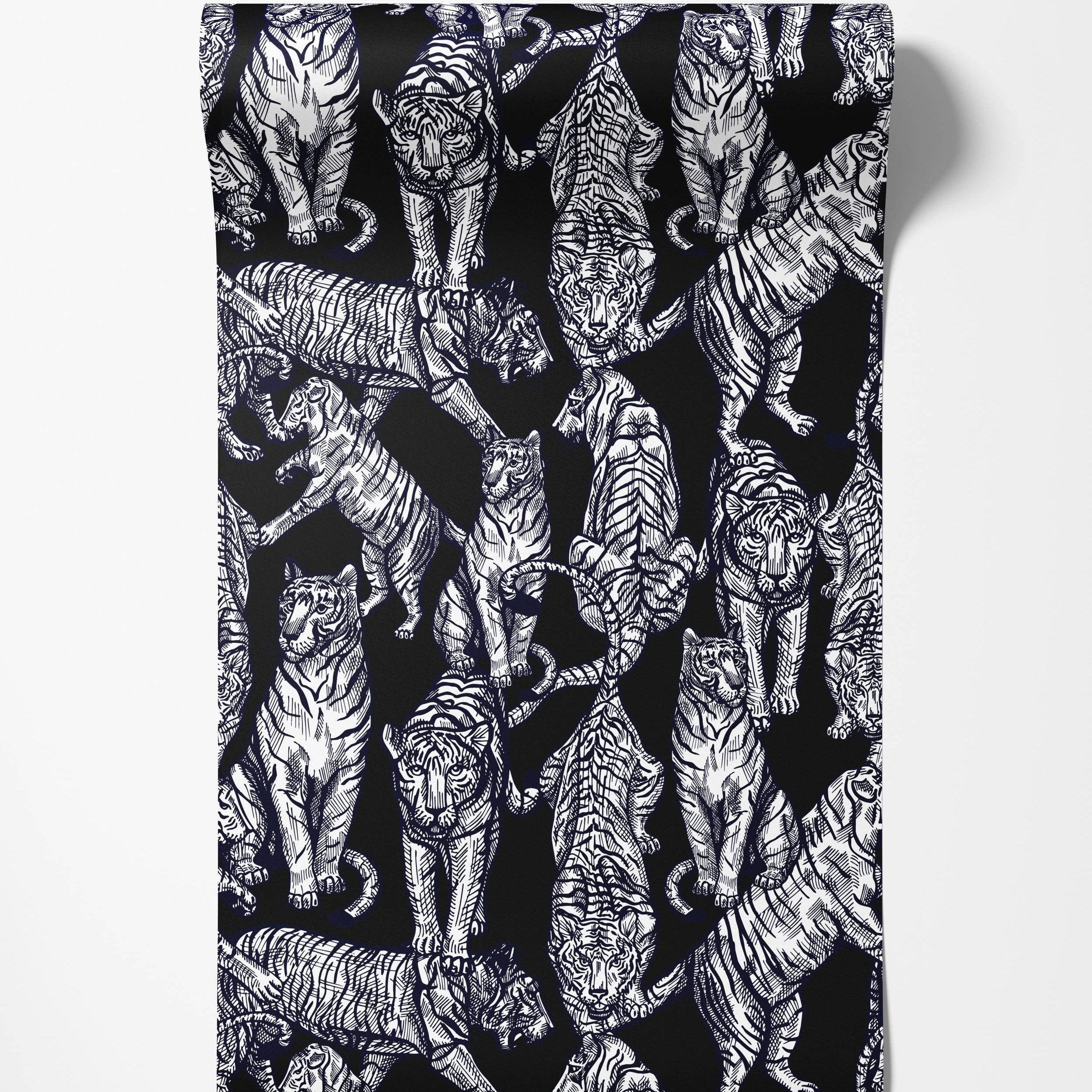 A repeating wallpaper pattern of illustrative white tigers in various poses on a solid black background.