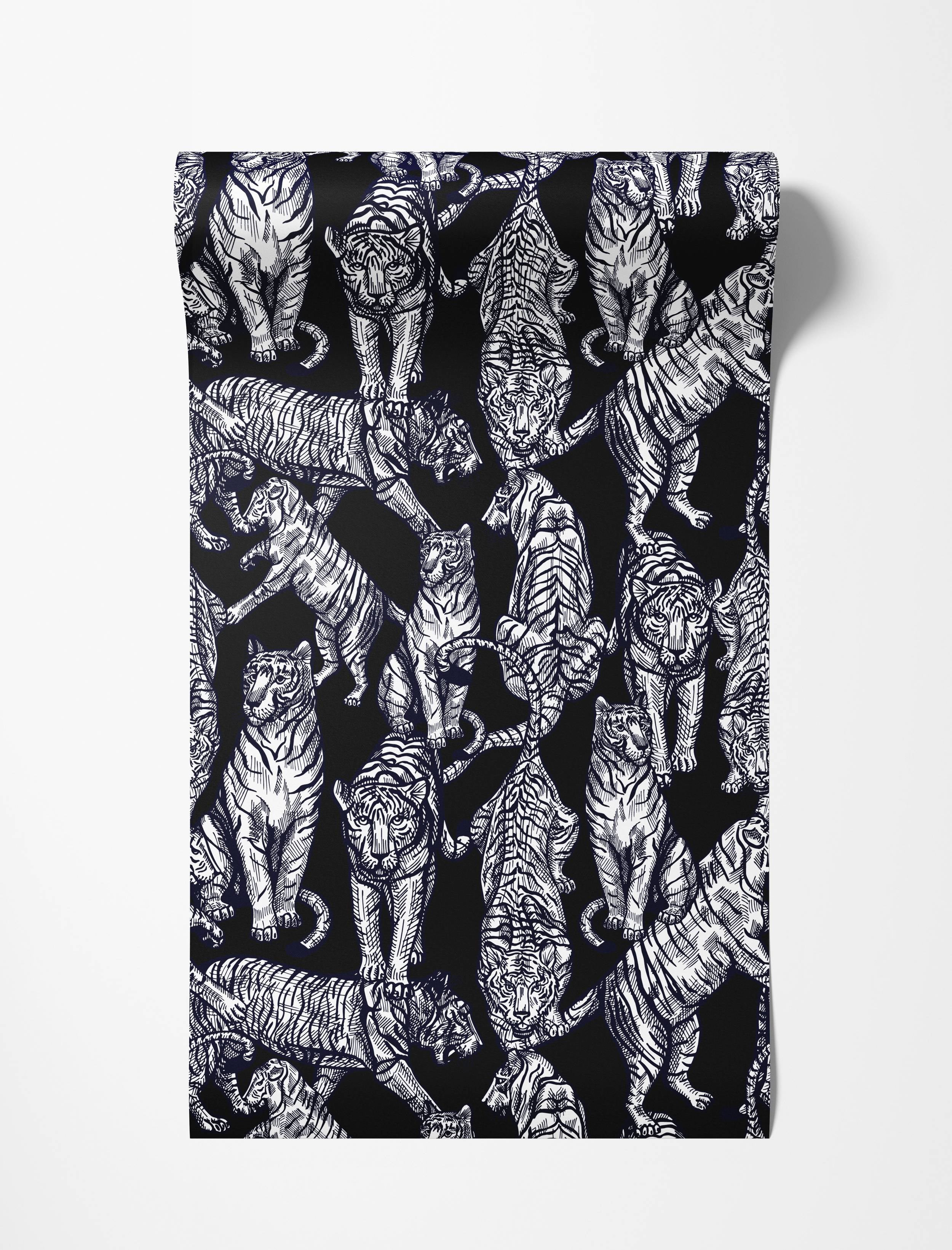 A repeating wallpaper pattern of illustrative white tigers in various poses on a solid black background.