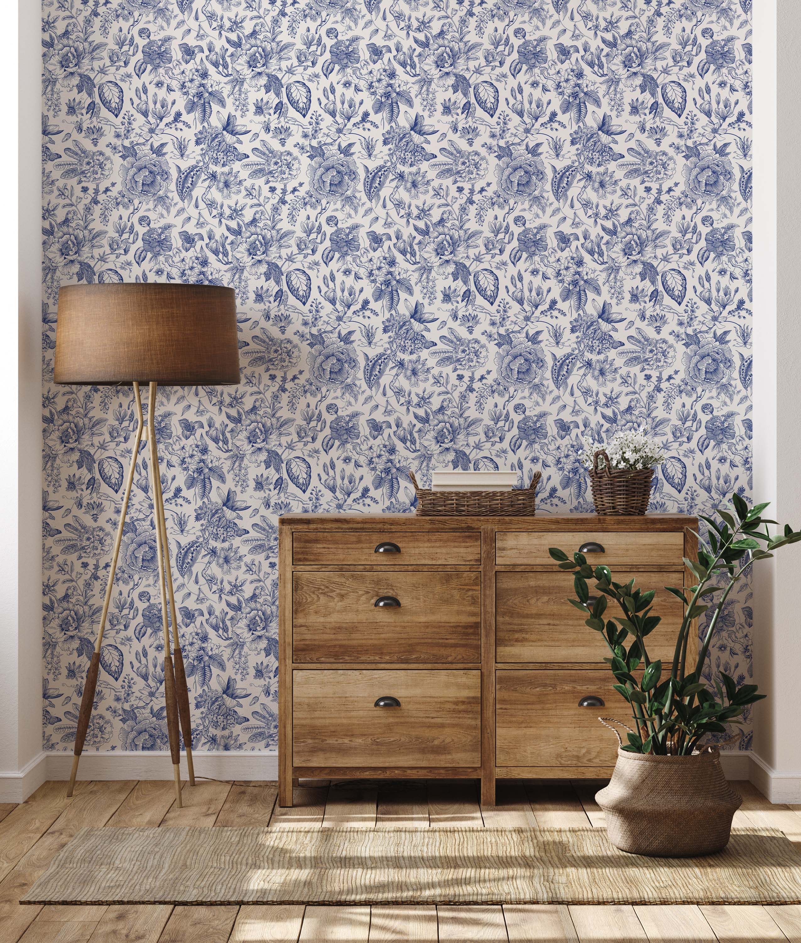 Intricate botanical wallpaper featuring detailed, hand-drawn style blue flowers and foliage on an off-white background.