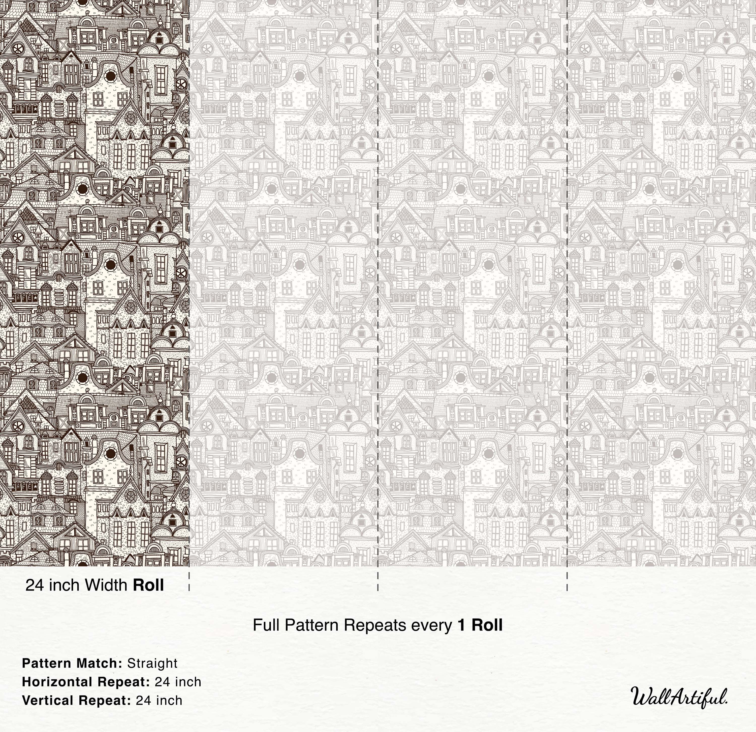 Wallpaper with a dense, repeating pattern of hand-drawn brown line art townhouses on an off-white background.
