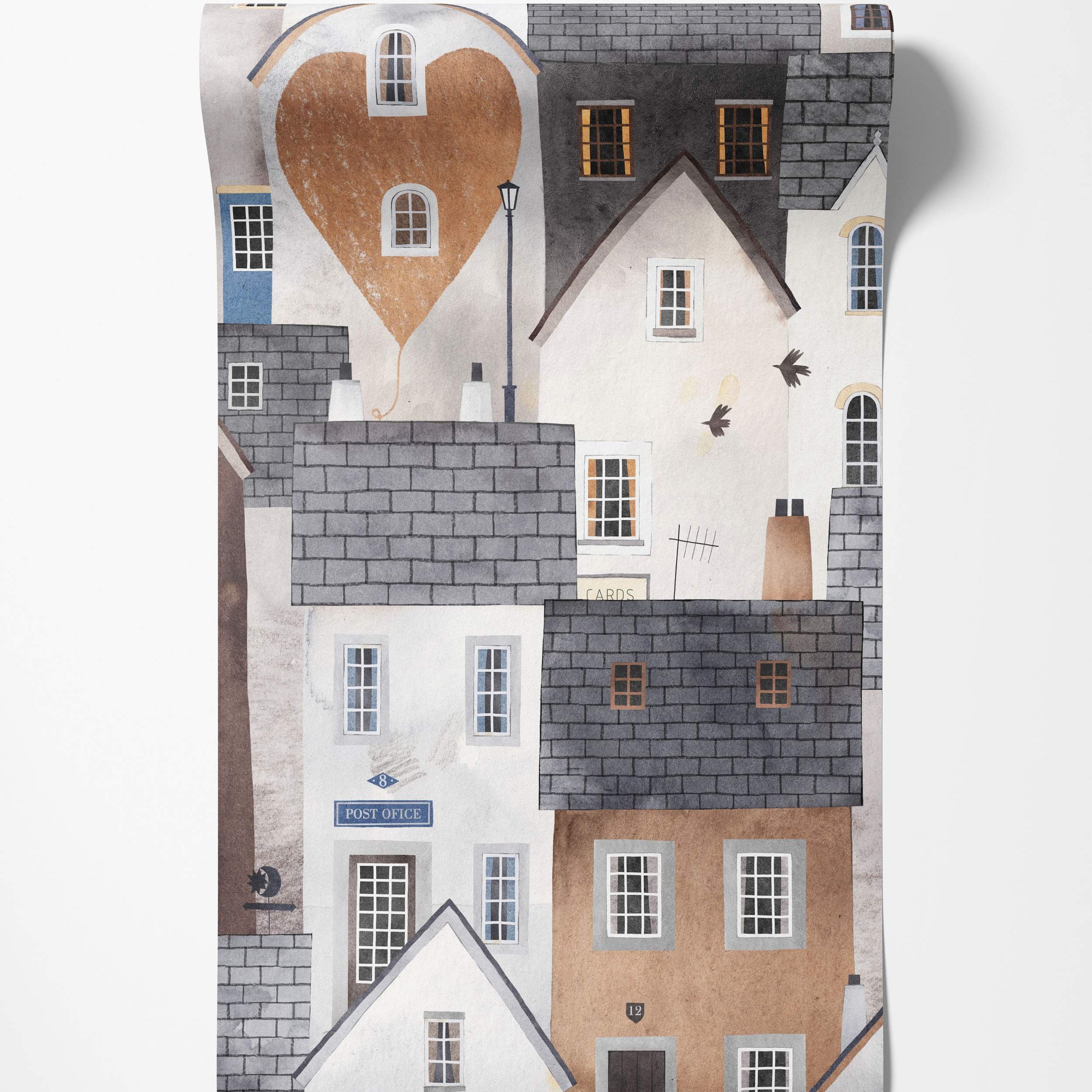 Whimsical townscape wallpaper featuring illustrated houses in white, grey, brown, and blue with slate roofs and a heart motif.