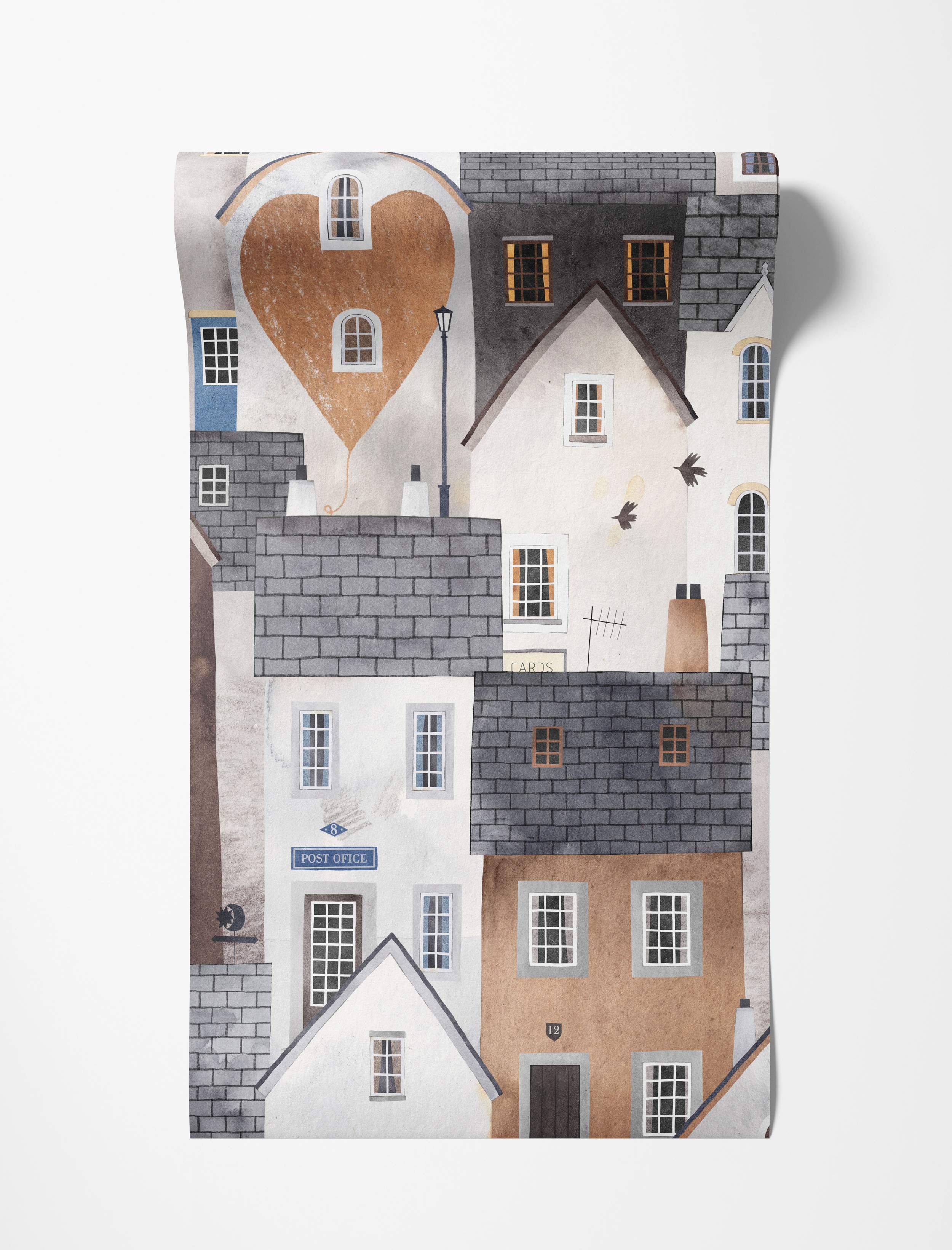 Whimsical townscape wallpaper featuring illustrated houses in white, grey, brown, and blue with slate roofs and a heart motif.