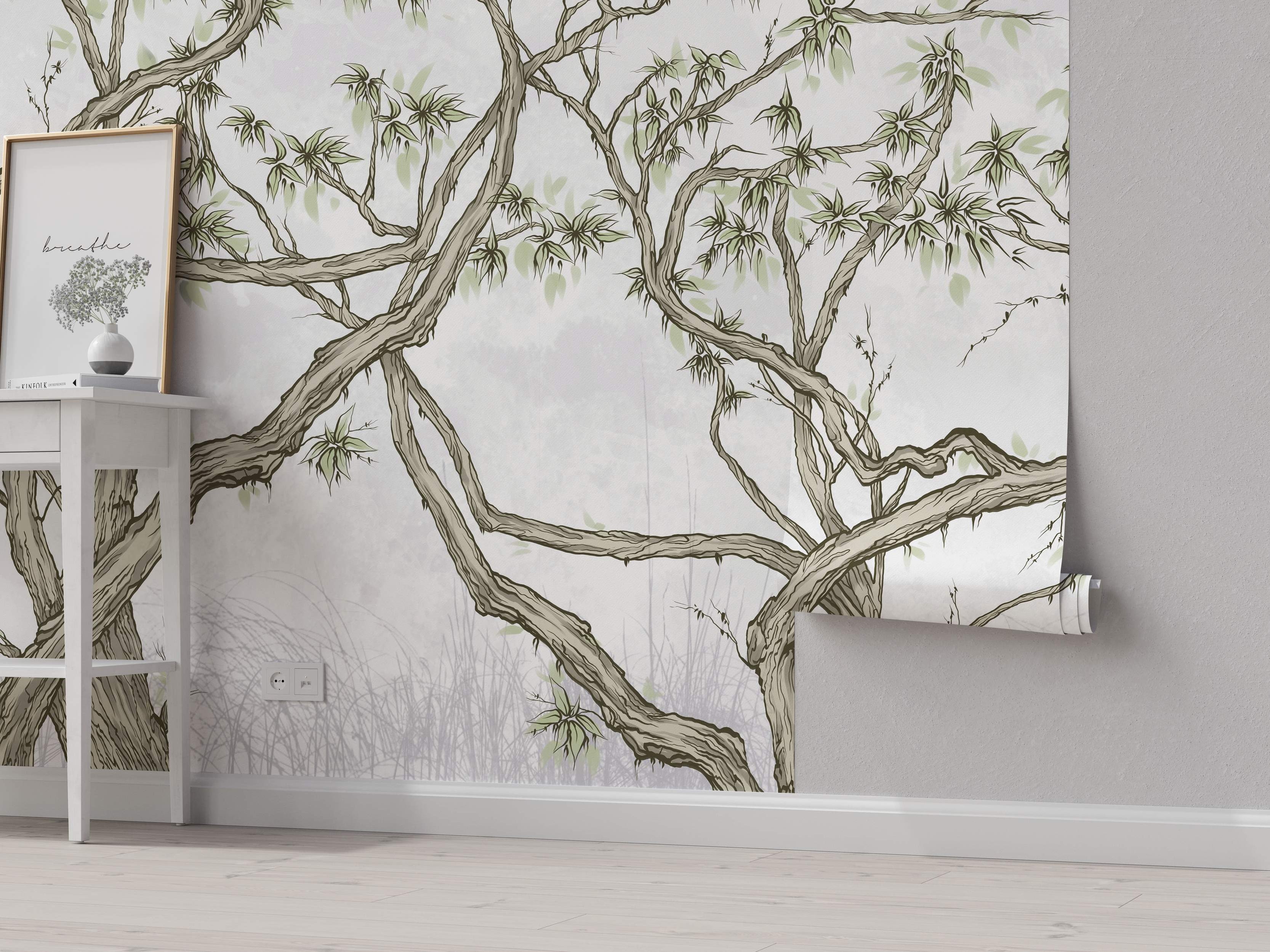 Wall mural showing a stylized tree design with twisting brown branches, light green leaves, and a subtle gray background.