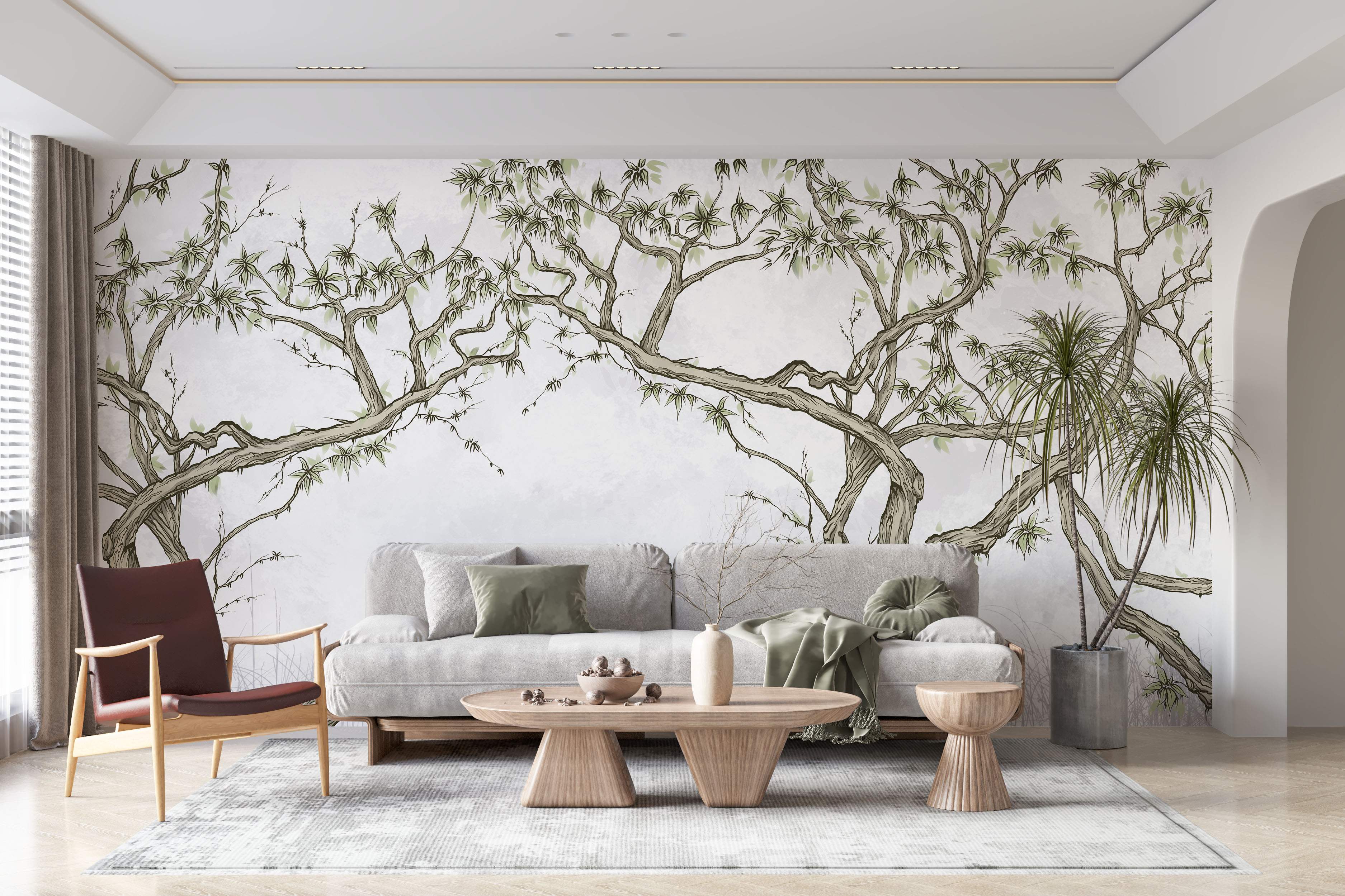Sketch-style mural of large, twisting tree branches with green foliage against a pale, textured wall.