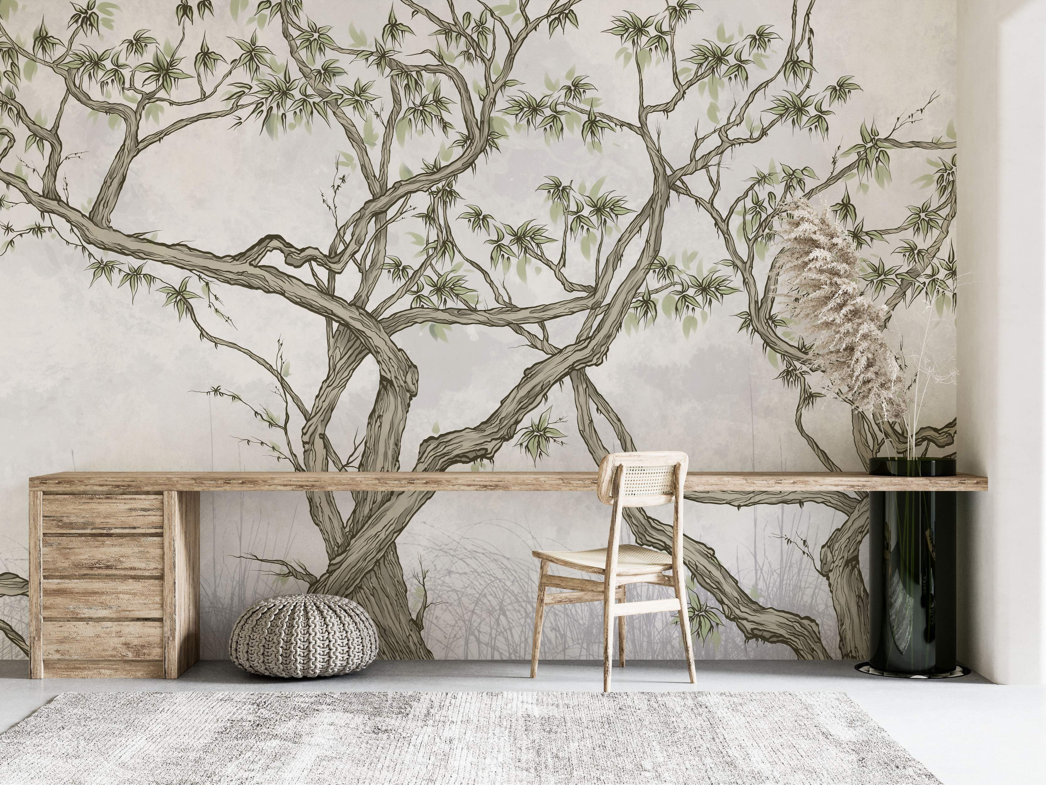 Mural featuring a sprawling, stylized tree with gnarled gray-brown branches and green leaves against a soft beige backdrop.