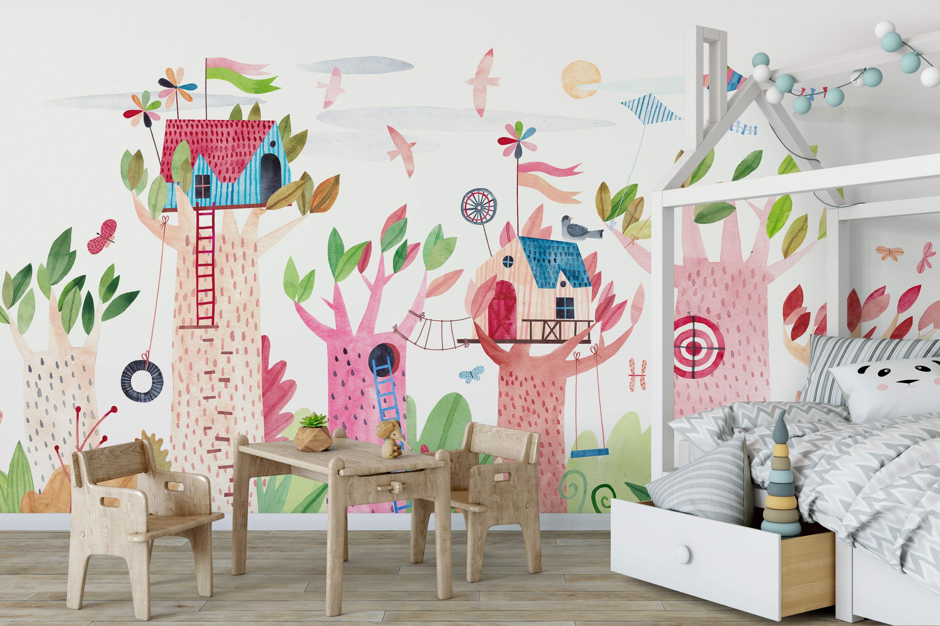 Whimsical watercolor mural featuring colorful treehouses nestled in stylized pink and beige trees, with birds and a kite.