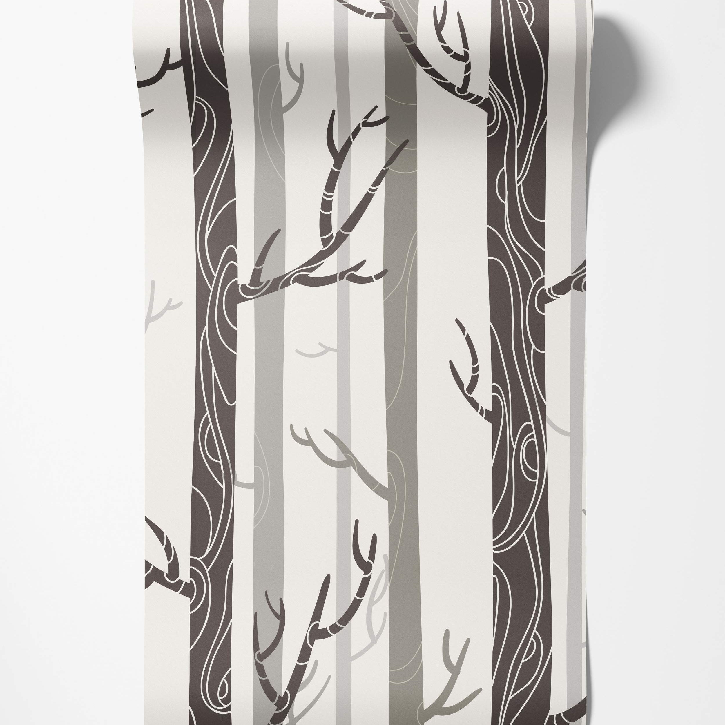 Wallpaper featuring stylized vertical tree trunks in dark brown and gray with white outlines on an off-white background.