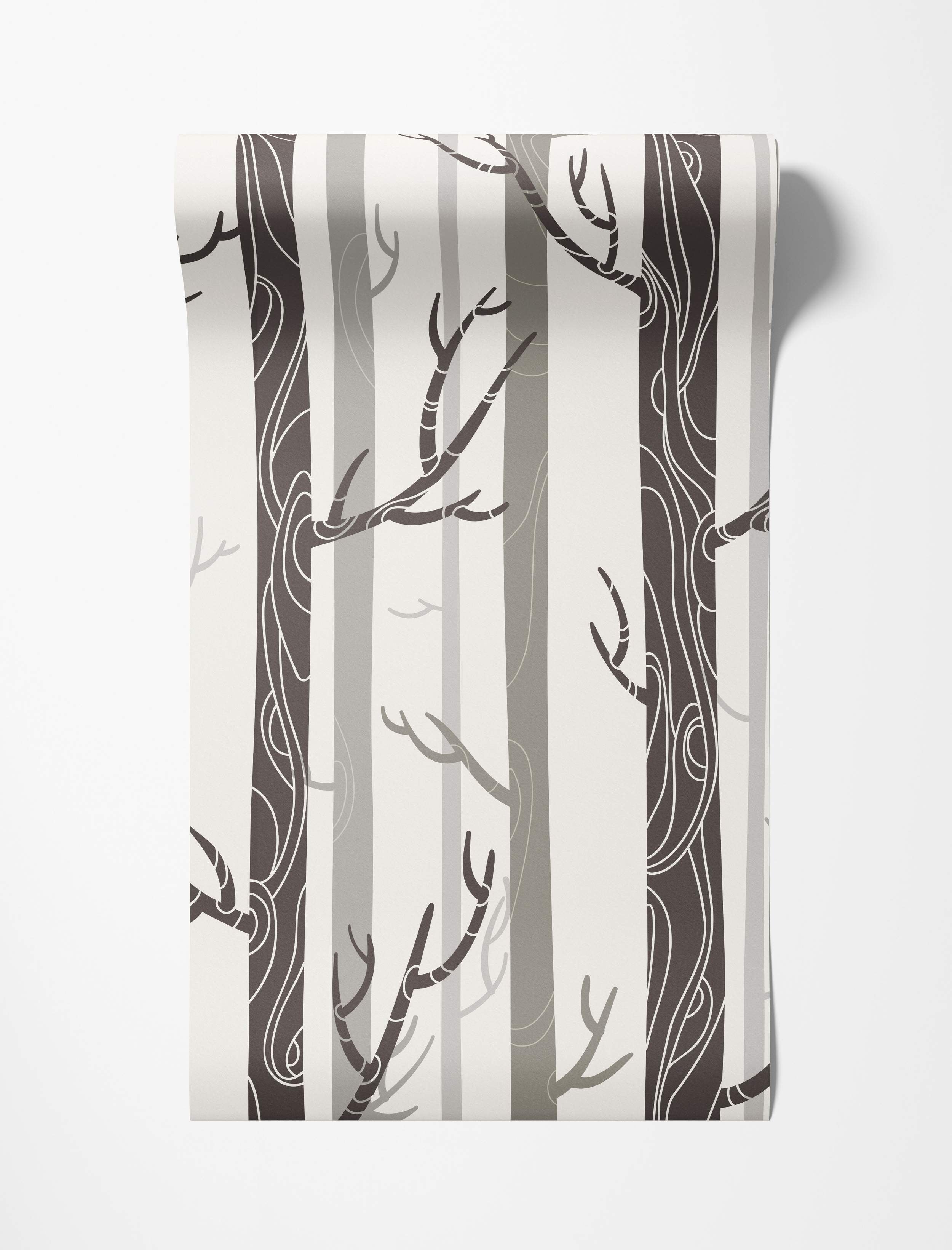Wallpaper featuring stylized vertical tree trunks in dark brown and gray with white outlines on an off-white background.