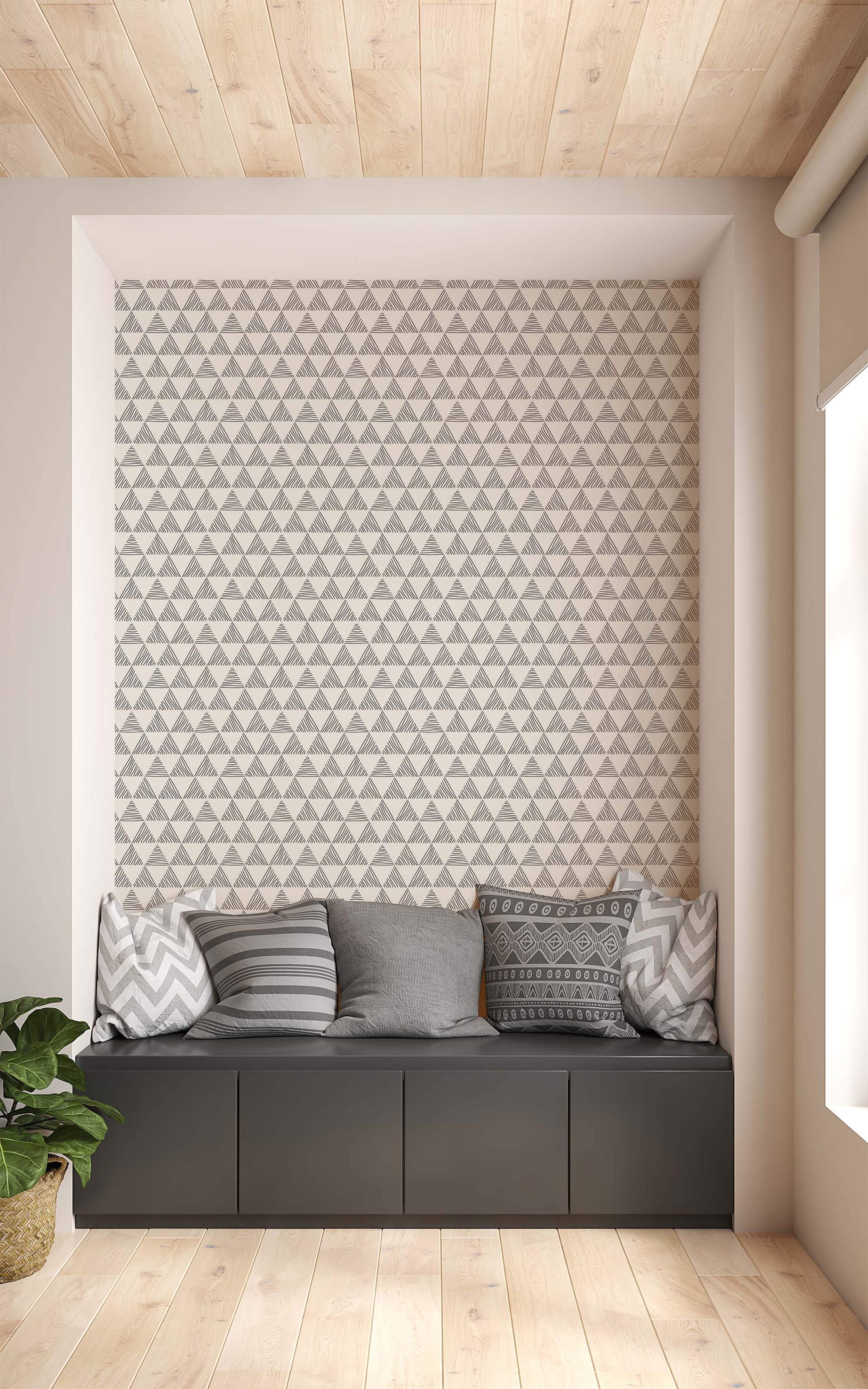 Wallpaper featuring a repeating pattern of triangles filled with sketchy horizontal gray lines on an off-white background.
