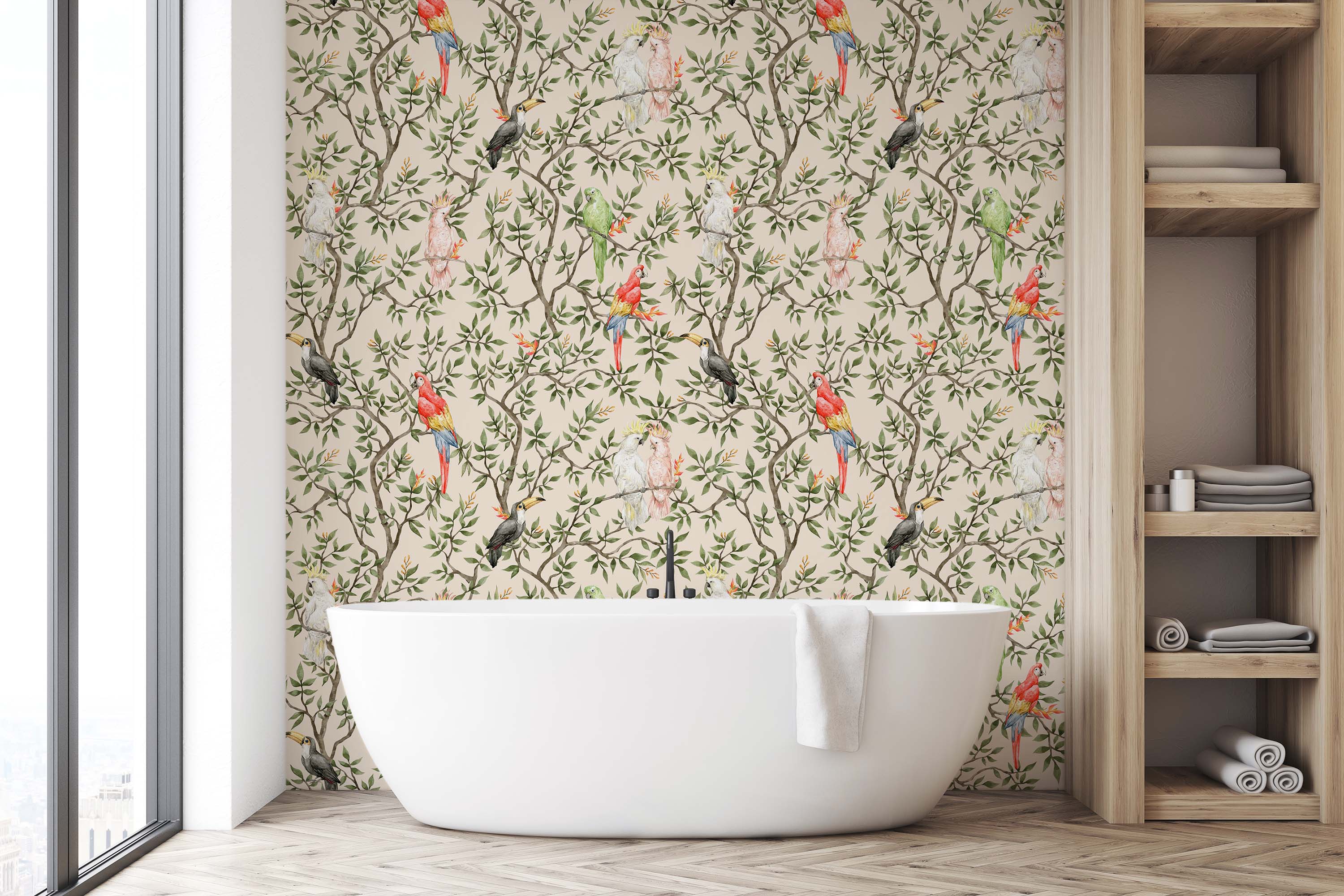 Tropical wallpaper featuring colorful parrots and toucans on leafy branches against a beige background.