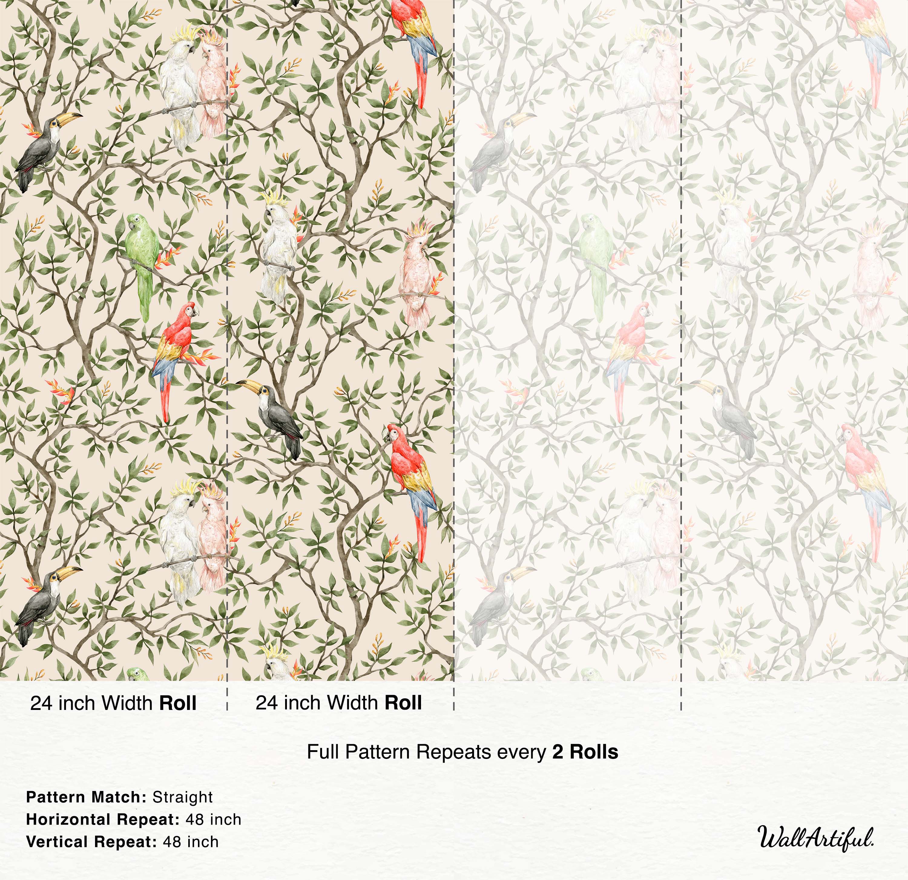 Repeating wallpaper with a tropical bird motif. Toucans, cockatoos, and parrots perch on green leafy branches. Cream background.