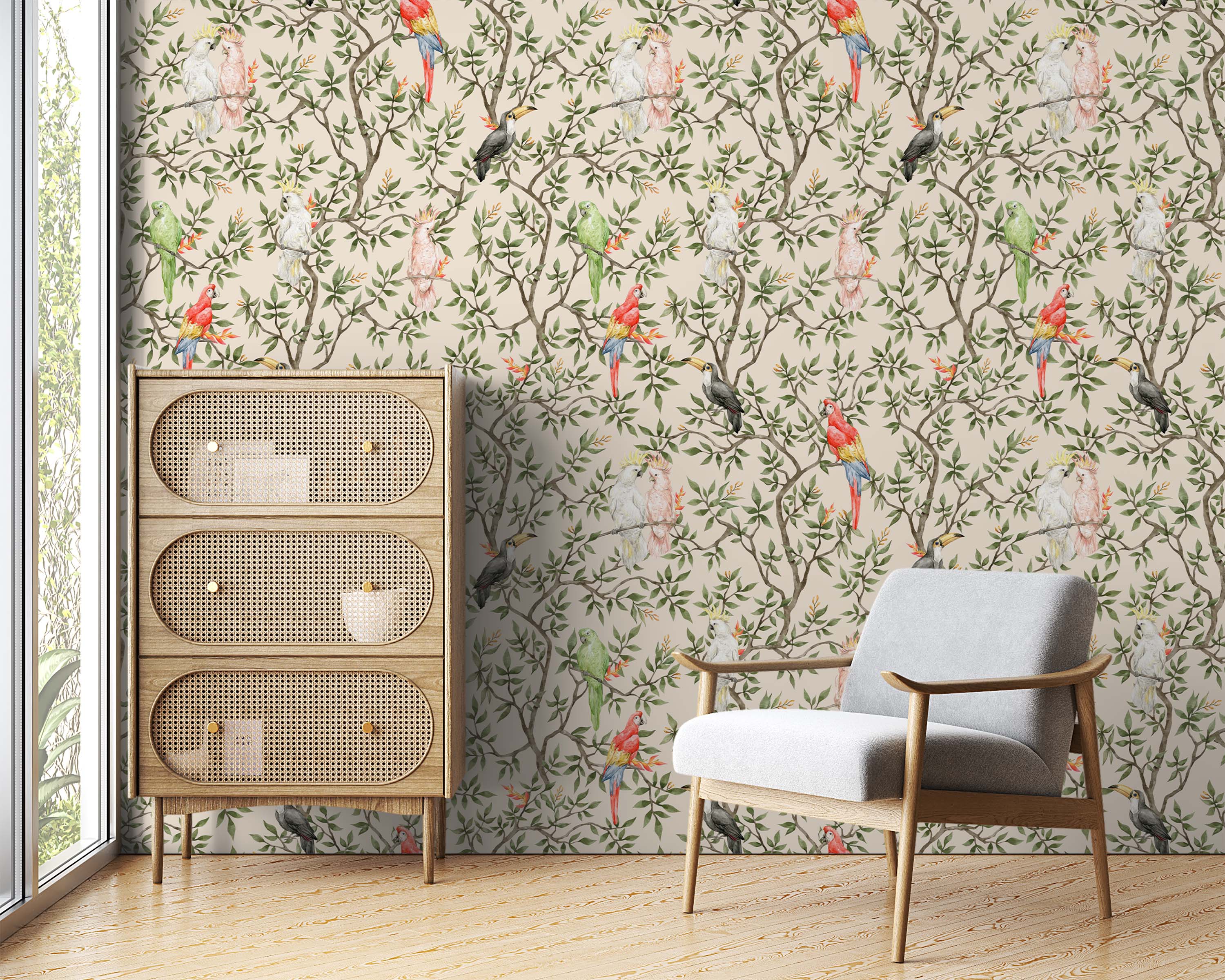 Beige wallpaper with a repeating design of colorful tropical birds like macaws, cockatoos, and toucans on green leafy branches.