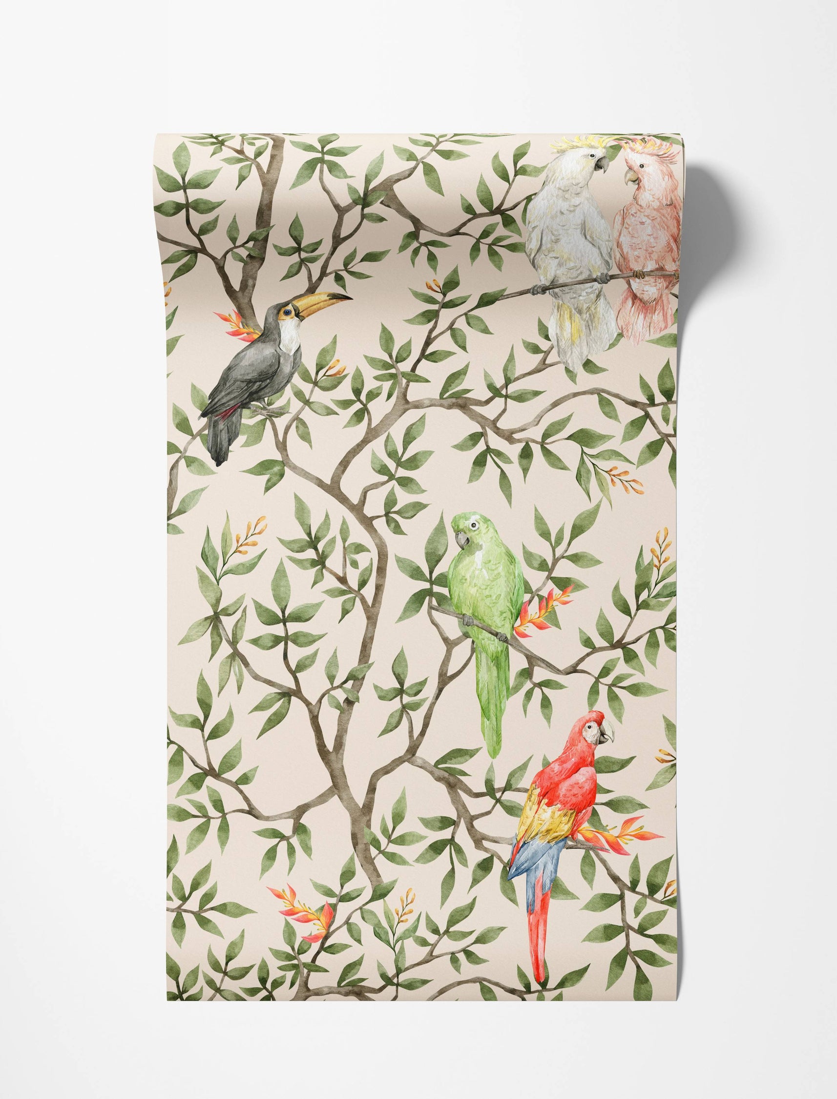 Watercolor wallpaper displaying tropical birds like parrots and a toucan on leafy branches, with a beige background.