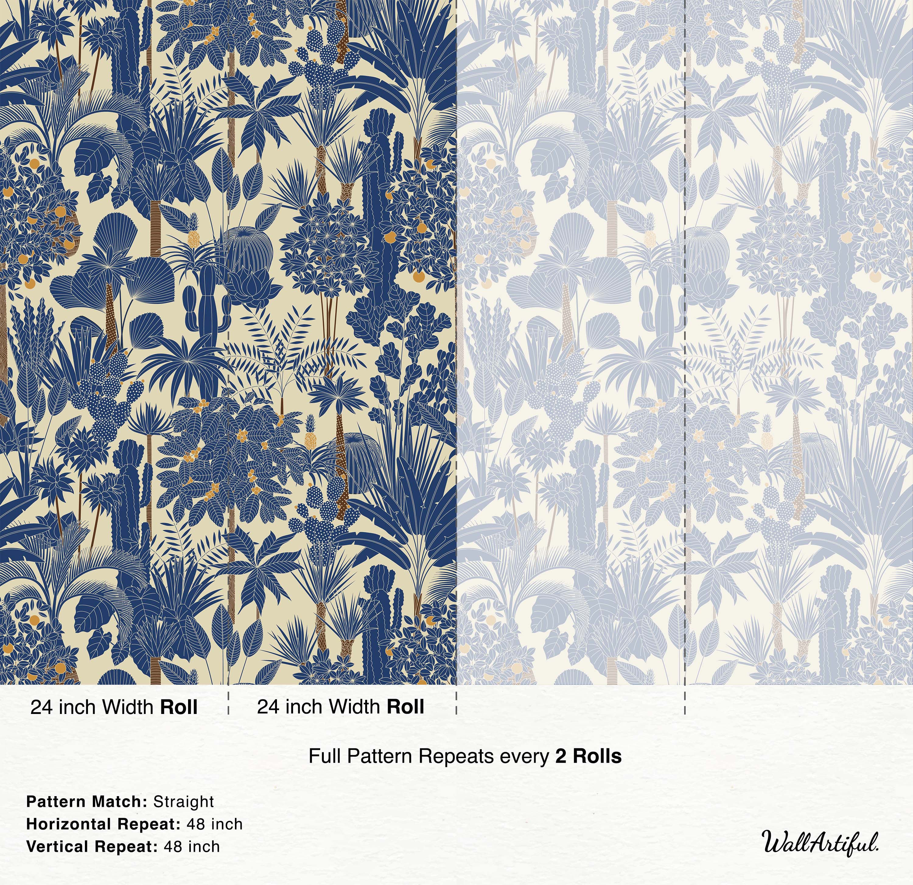 Tropical wallpaper featuring a dense botanical pattern of blue palm trees, cacti, and leafy plants on a cream background with orange accents.