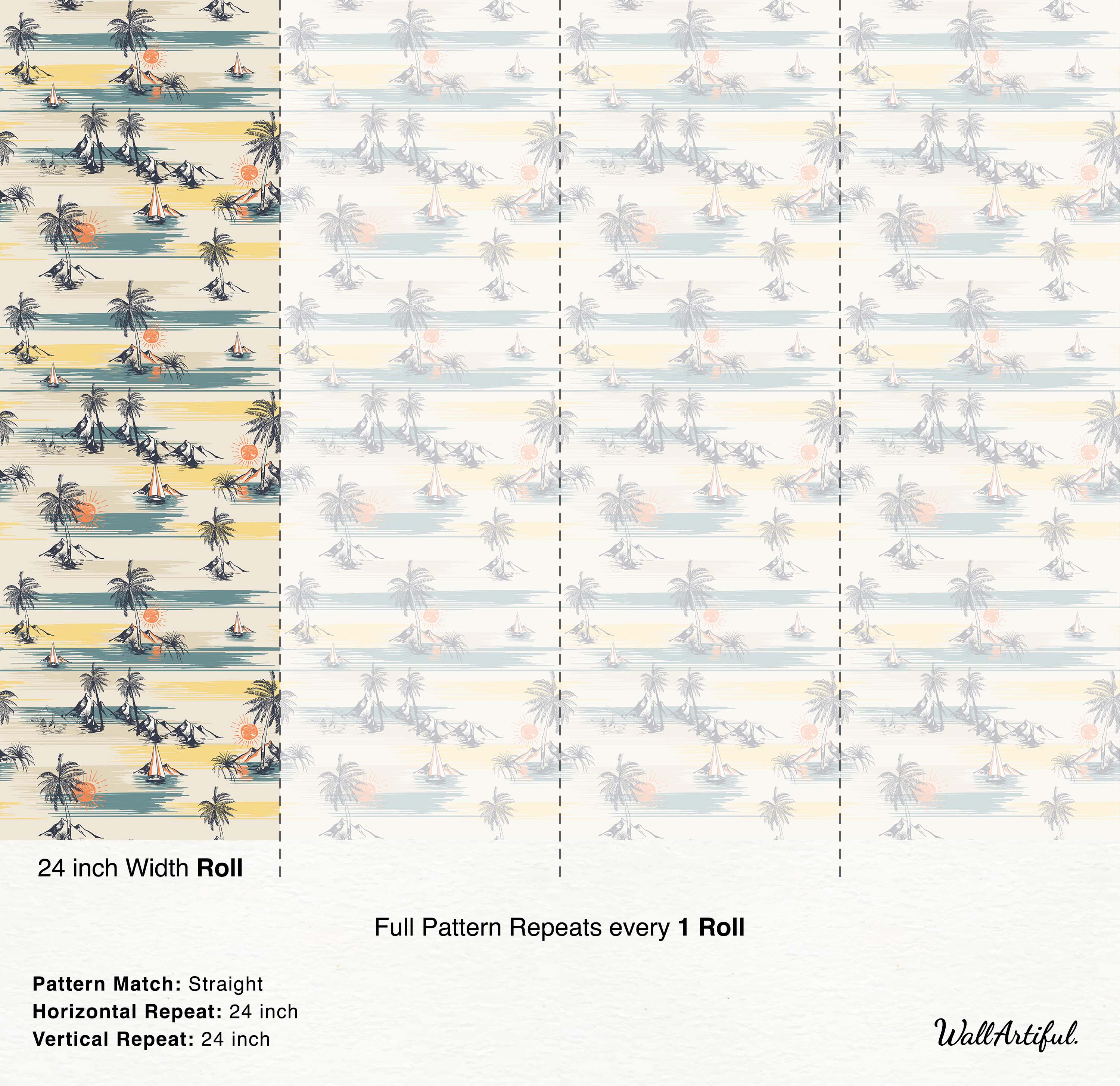 Vintage coastal wallpaper with a repeating pattern of palm trees, sailboats, and mountains in teal, yellow, and navy blue.