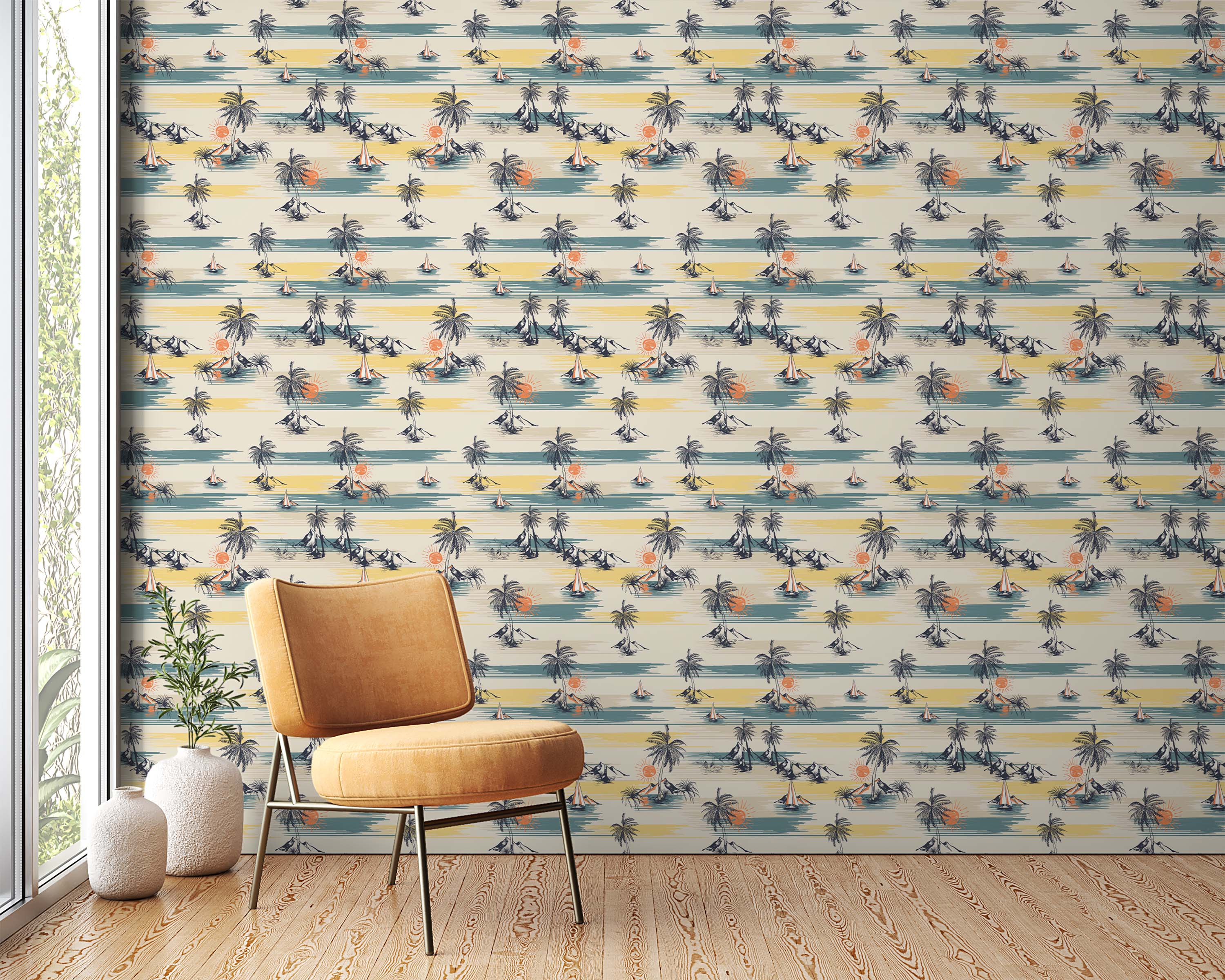 Vintage wallpaper with a repeating tropical scene featuring palm trees, sailboats, and mountains in teal, yellow, and orange.