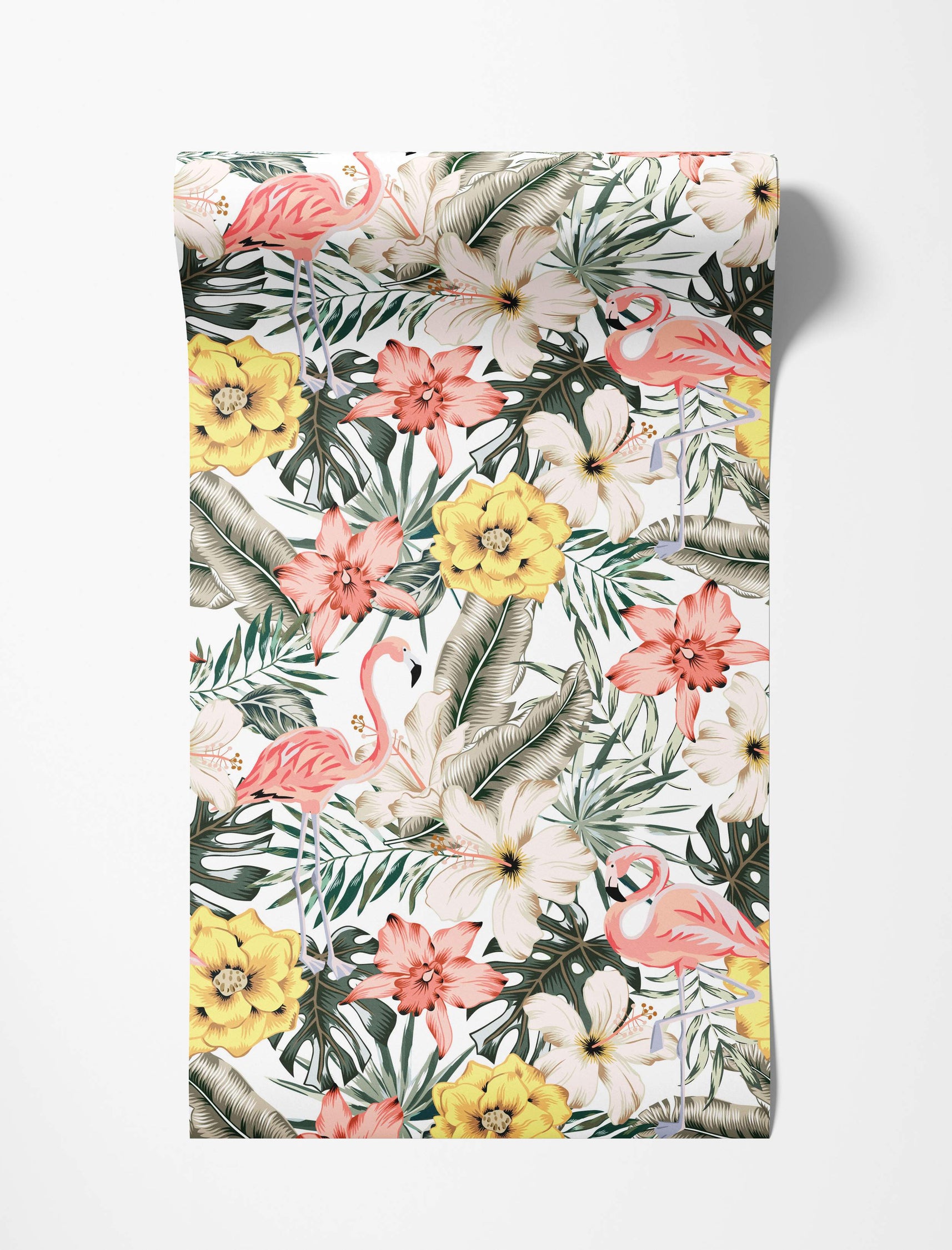 Tropical wallpaper with pink flamingos, yellow and white hibiscus flowers, and assorted green leaves on a white background.