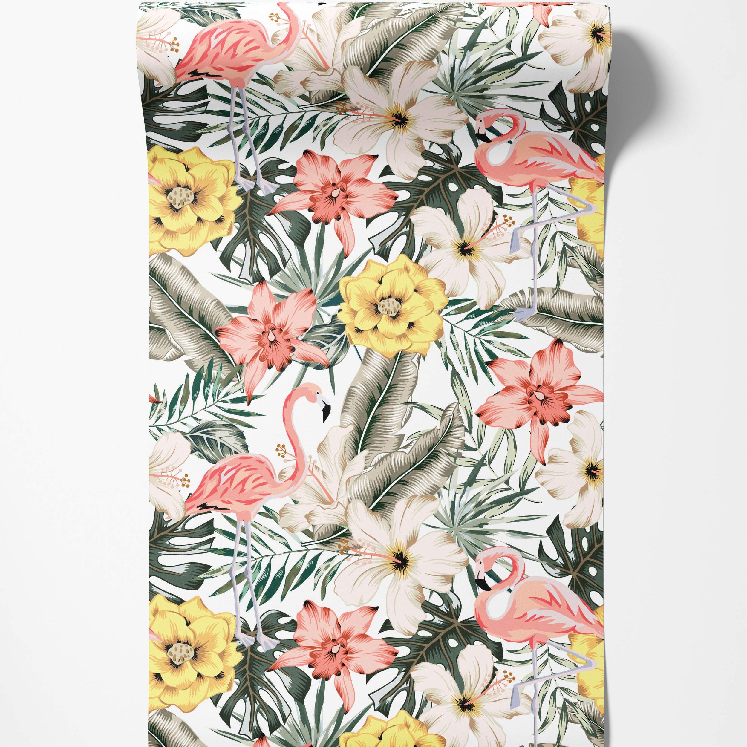 Tropical wallpaper with pink flamingos, yellow and white hibiscus flowers, and assorted green leaves on a white background.