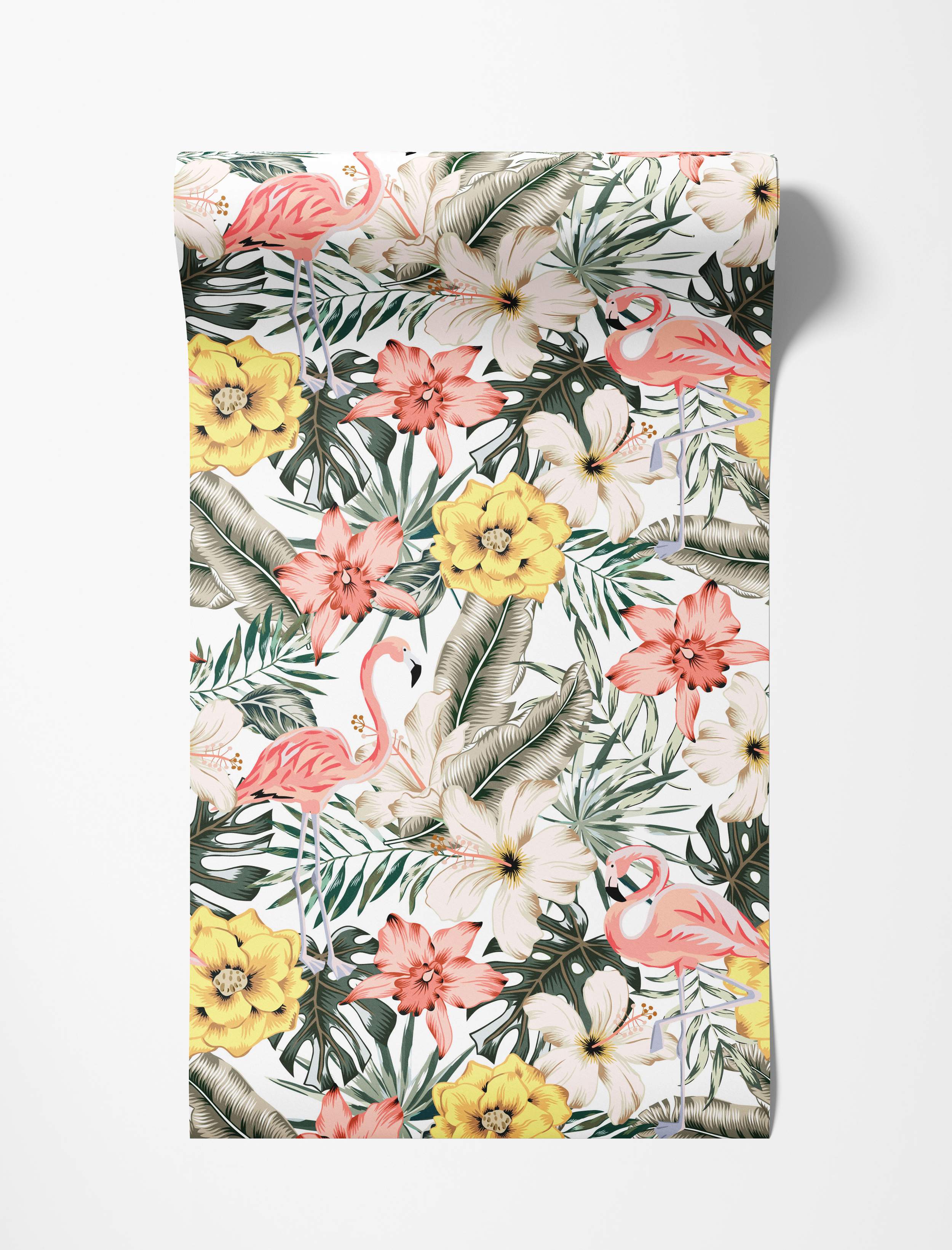 Tropical wallpaper with pink flamingos, yellow and white hibiscus flowers, and assorted green leaves on a white background.