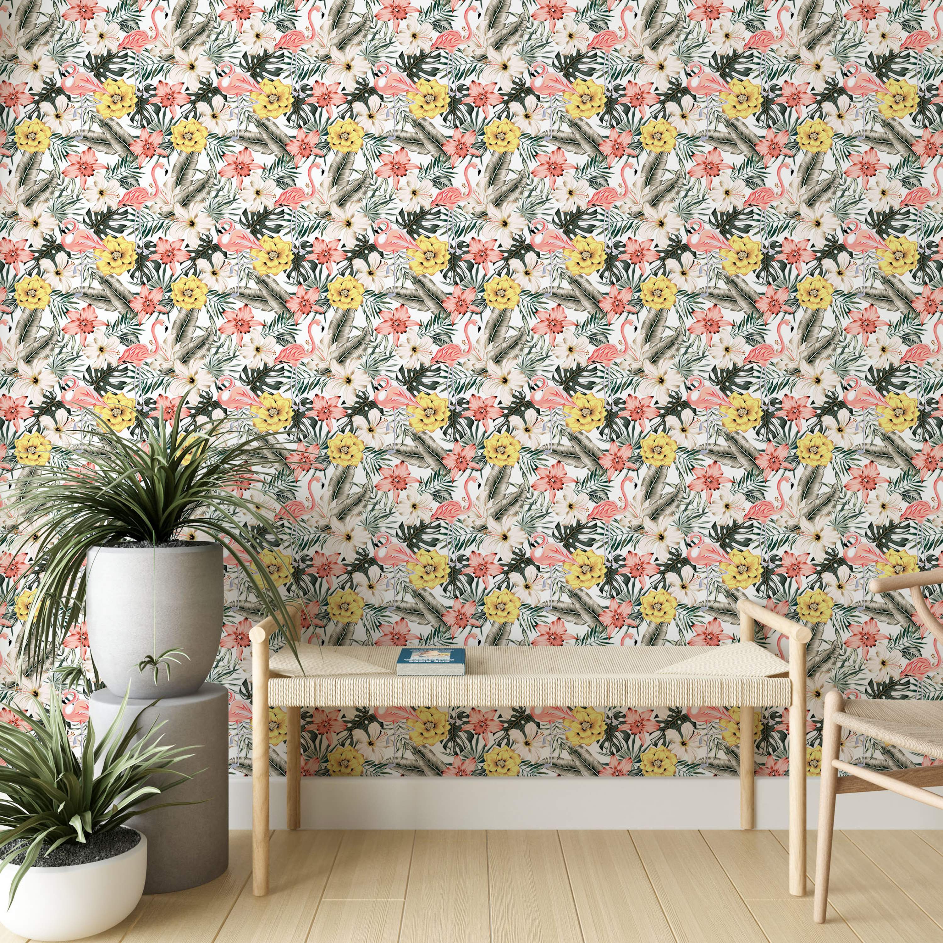 Watercolor tropical wallpaper featuring pink flamingos amidst yellow, pink, and white flowers and green tropical leaves.