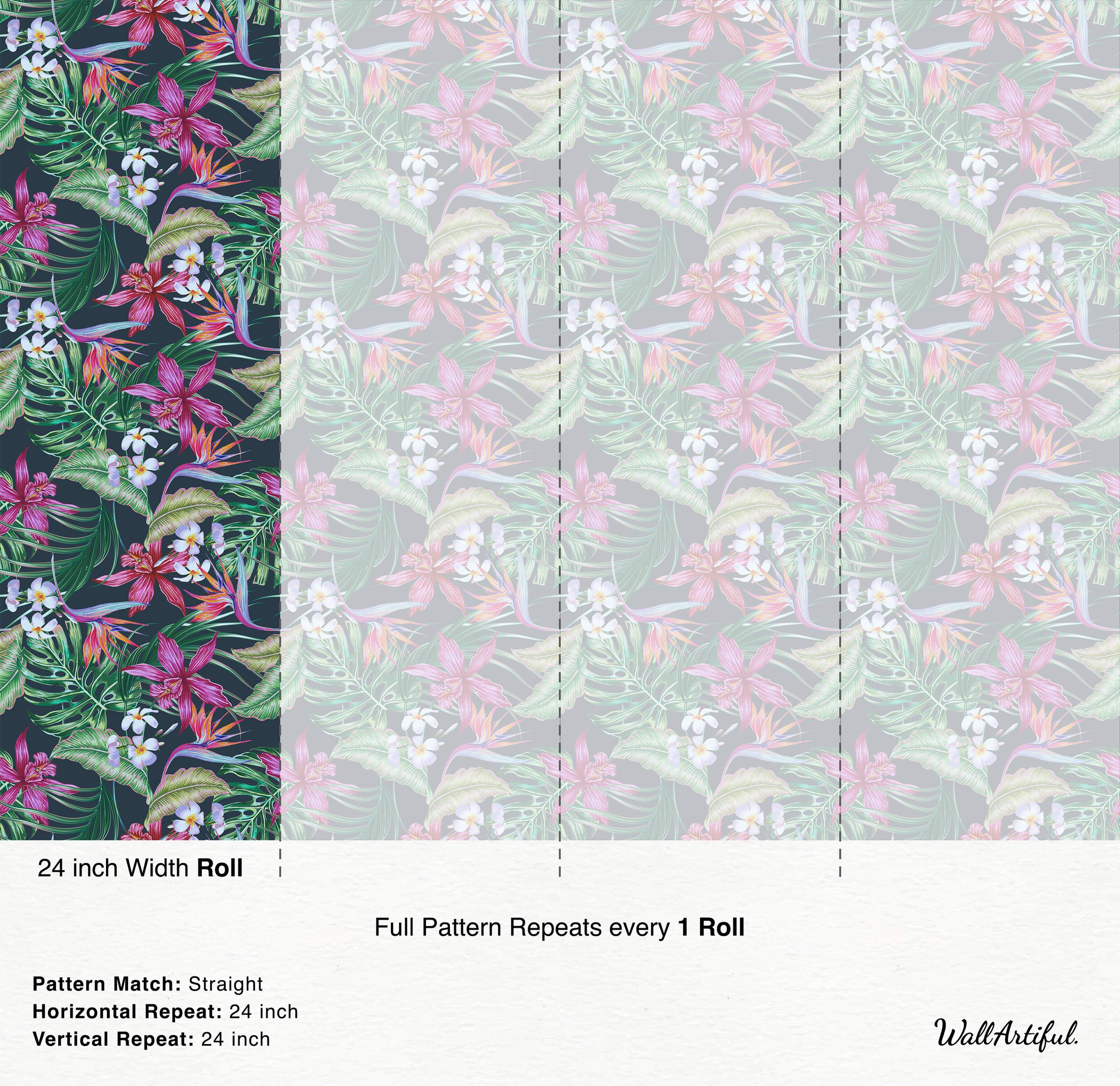 Dark tropical wallpaper featuring pink orchids, orange bird of paradise, white plumeria, and lush green leaves.