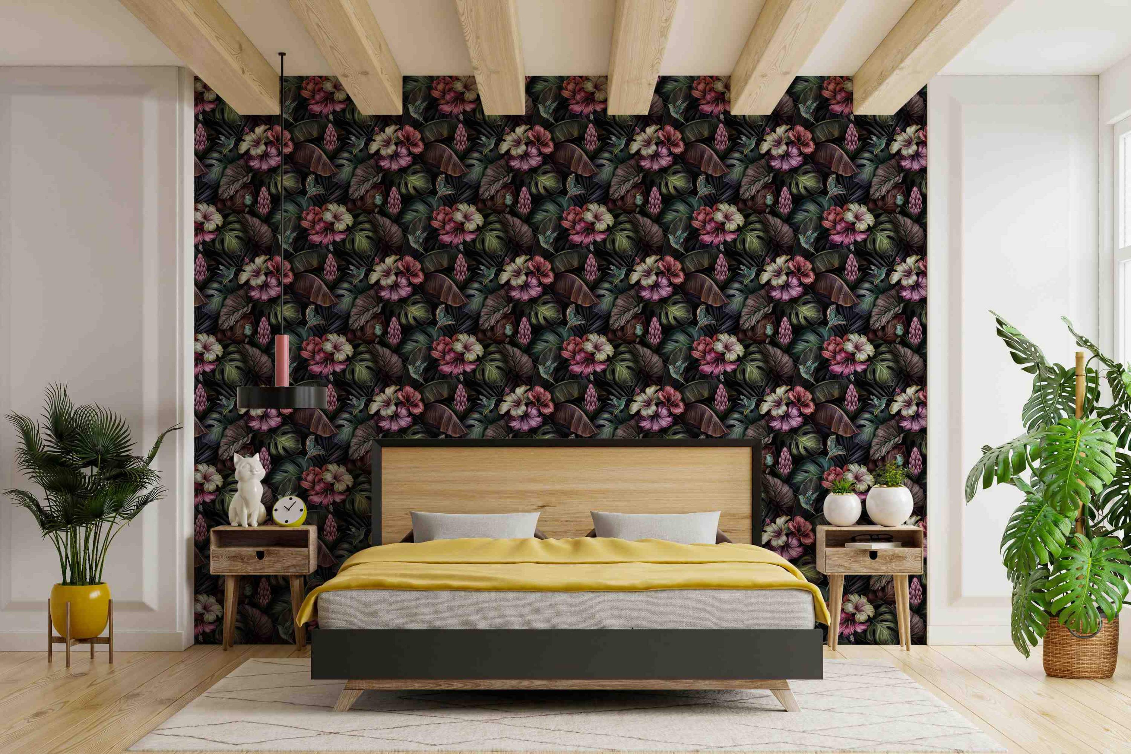 Dark tropical wallpaper with a repeating pattern of pink, red, and cream hibiscus flowers, green leaves, and small hummingbirds.
