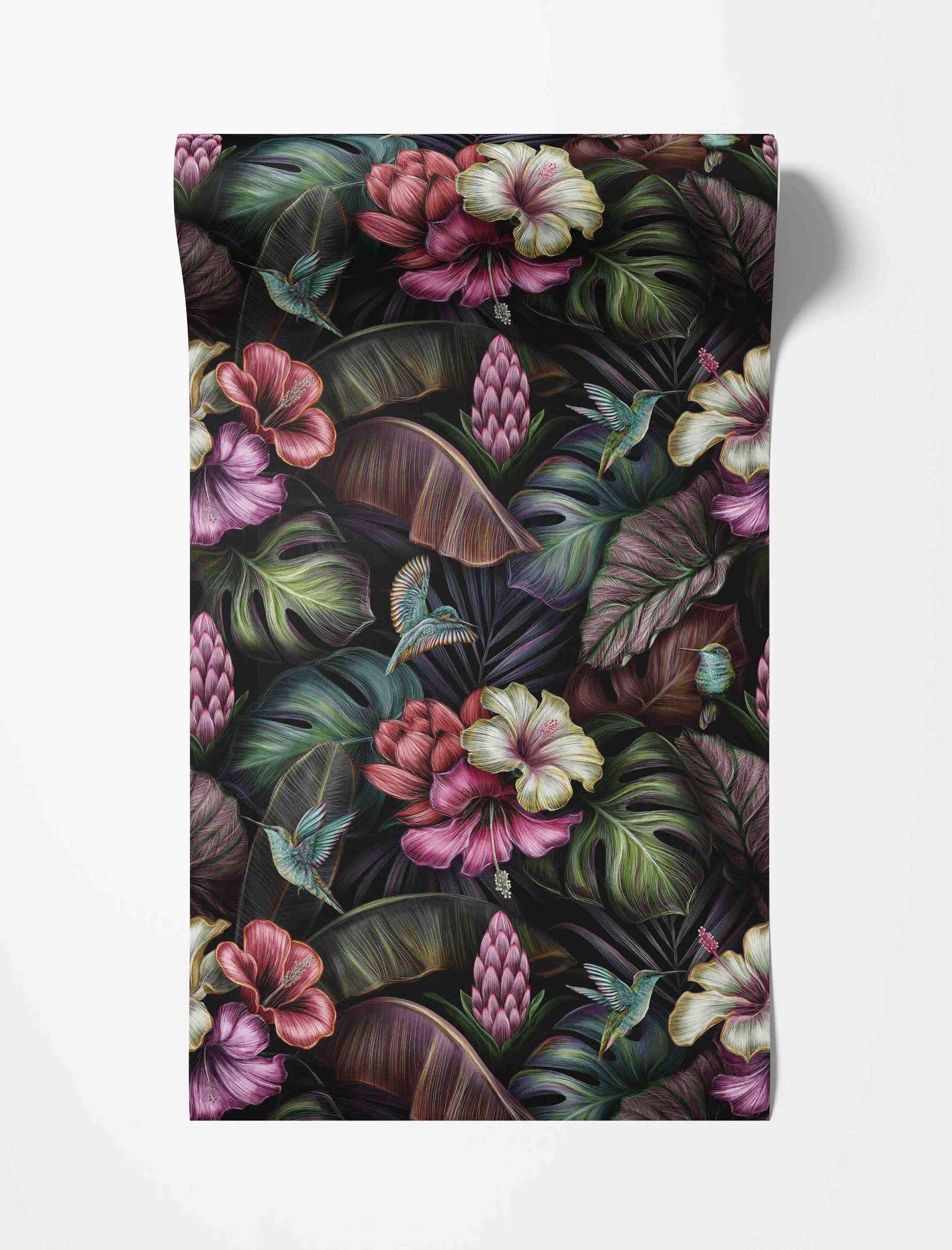 Dark tropical wallpaper with illustrated green leaves, pink and white hibiscus flowers, ginger blossoms, and blue hummingbirds.