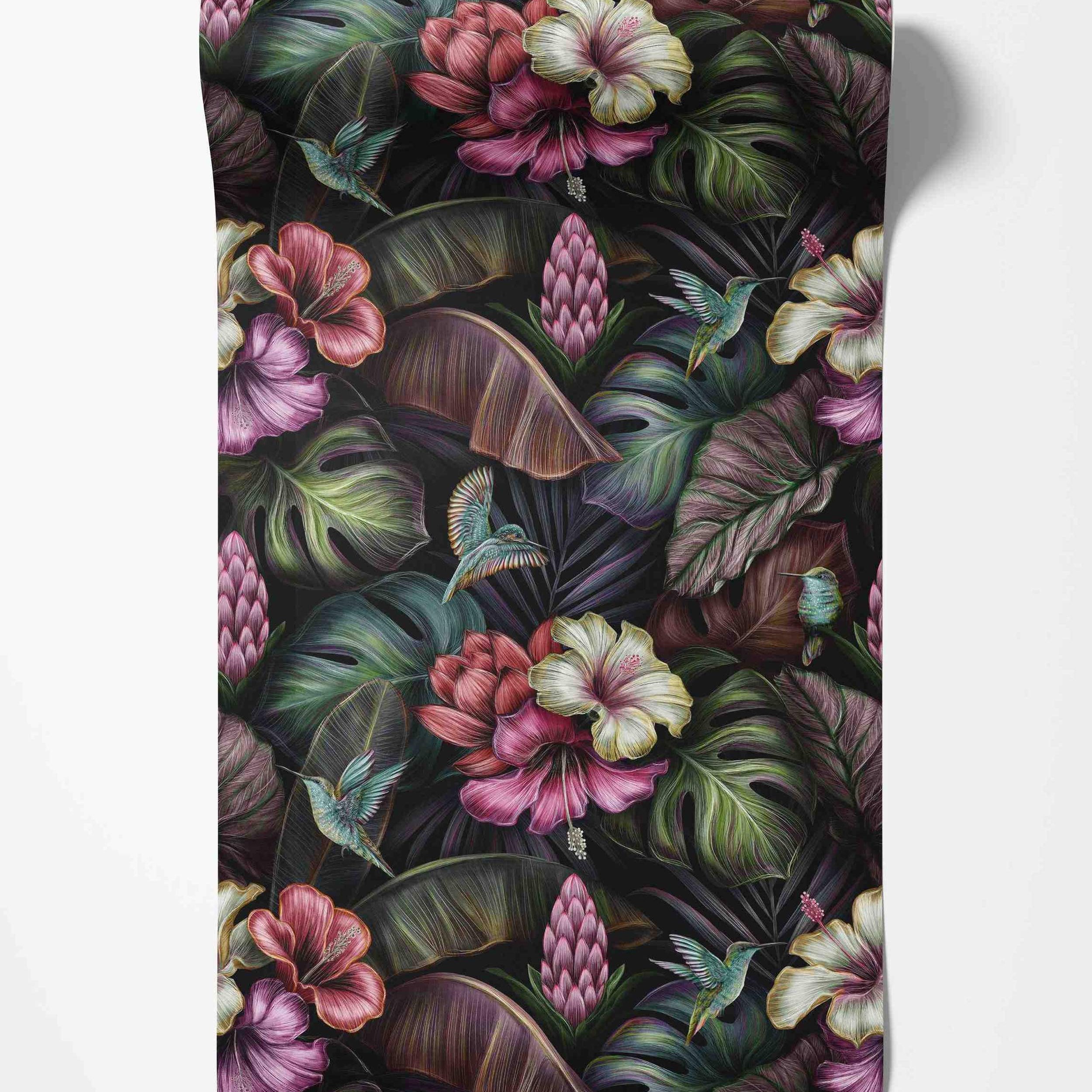 Dark tropical wallpaper with illustrated green leaves, pink and white hibiscus flowers, ginger blossoms, and blue hummingbirds.