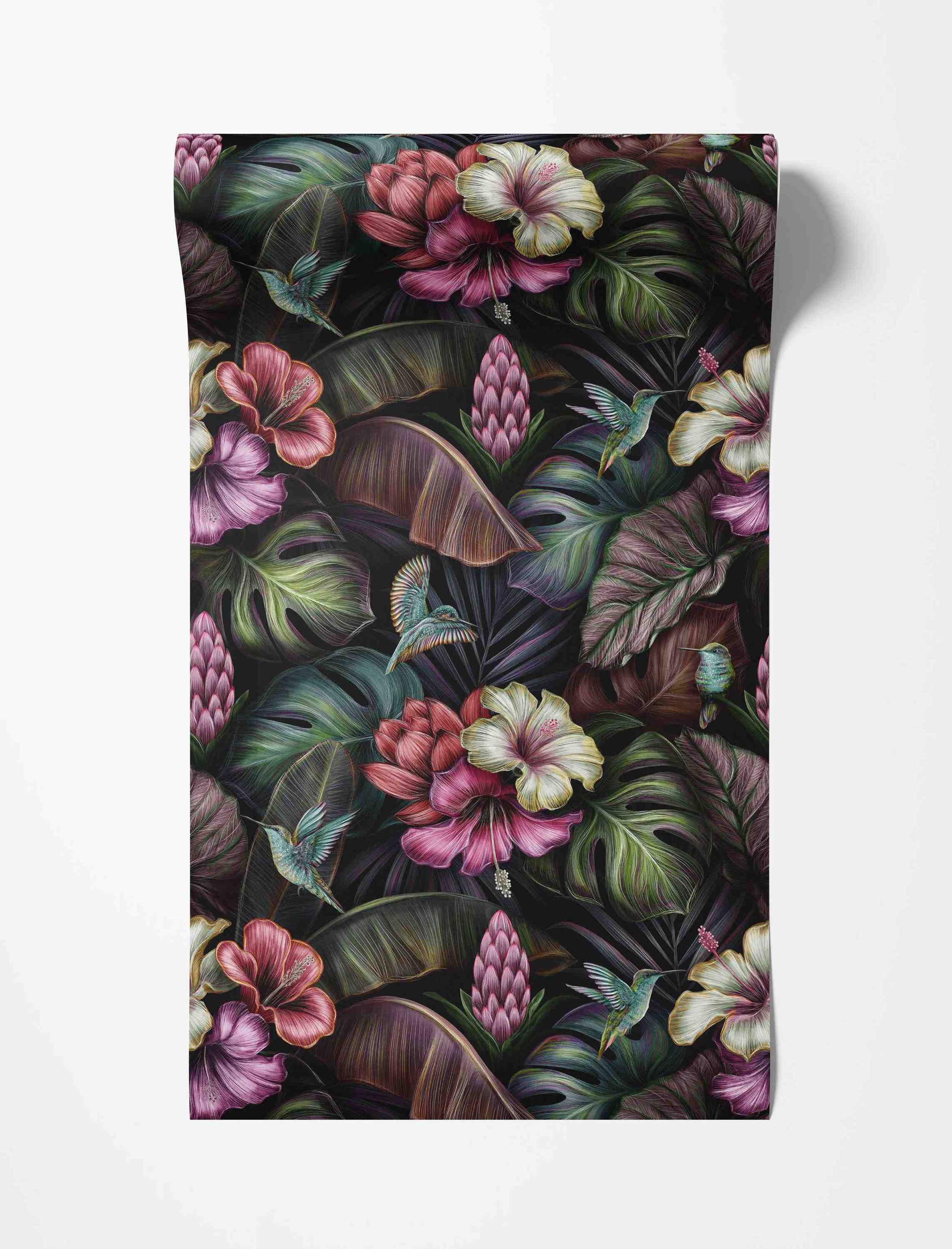 Dark tropical wallpaper with illustrated green leaves, pink and white hibiscus flowers, ginger blossoms, and blue hummingbirds.