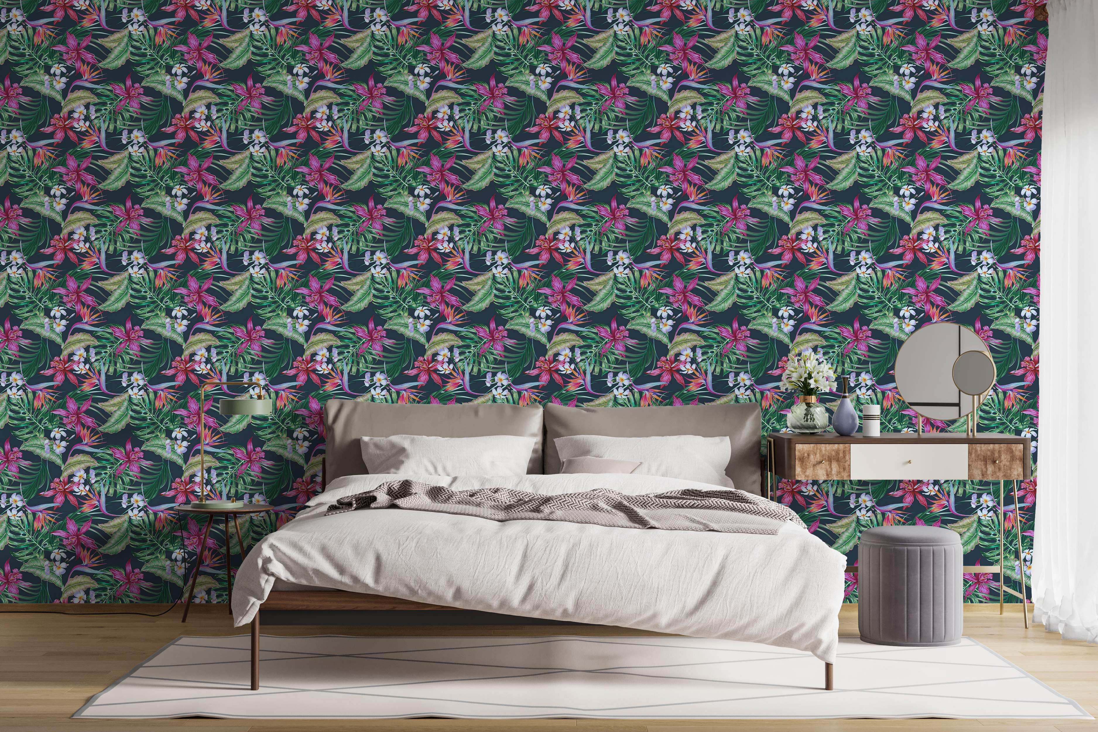 Tropical wallpaper with vibrant pink orchids, orange Bird of Paradise, white plumeria, and lush green leaves against a dark background.