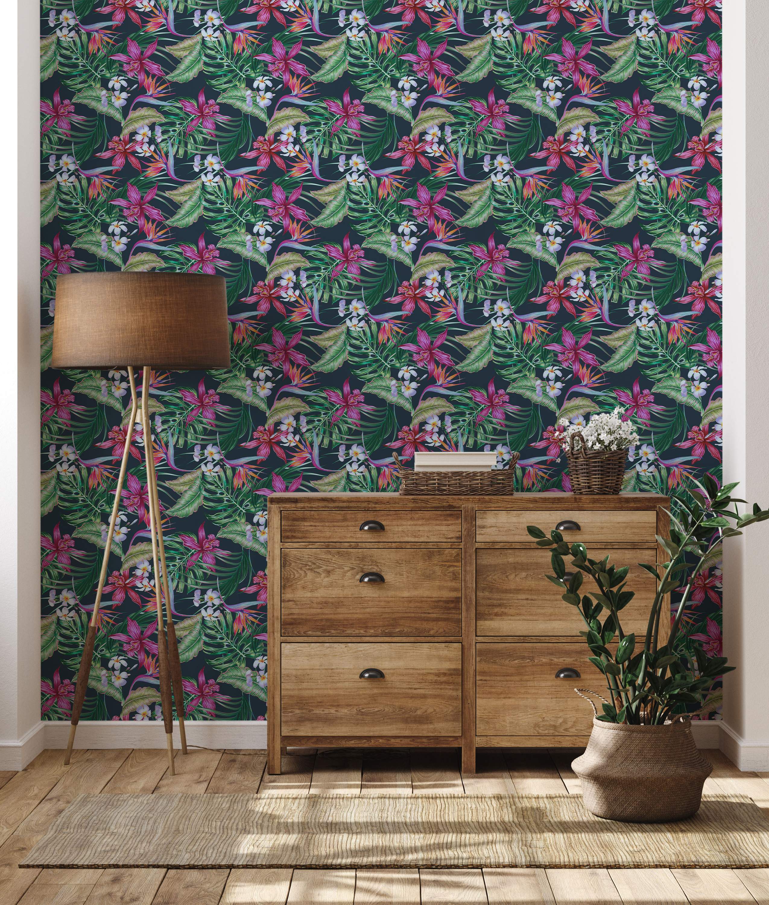 Tropical wallpaper featuring vibrant pink, purple, and white flowers like orchids and plumeria, with green leaves on a dark navy background.
