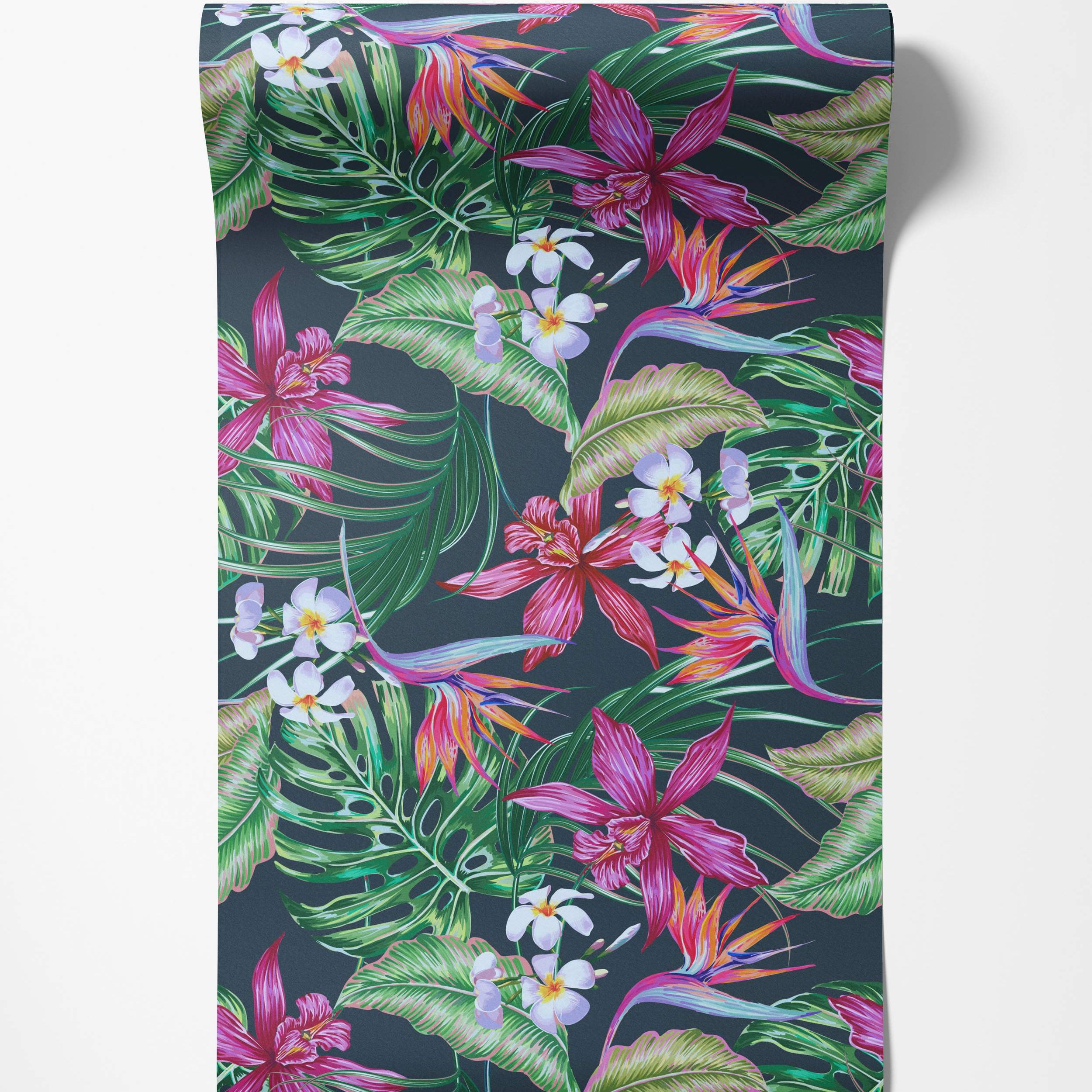 Vibrant tropical wallpaper with illustrated pink orchids, orange bird of paradise, white plumeria, and green leaves on a dark background.
