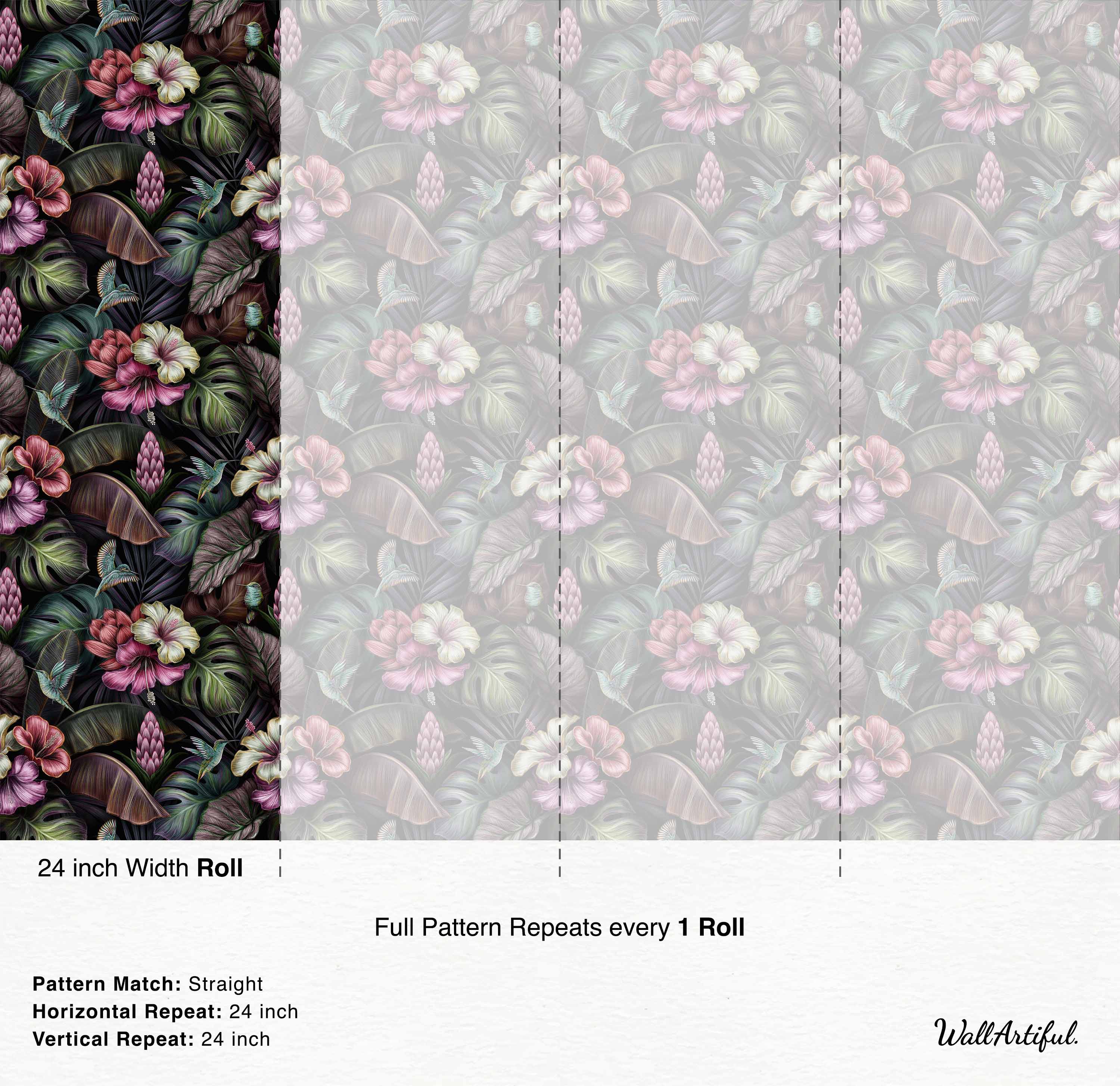 Dark tropical wallpaper featuring lush green leaves, pink and white hibiscus flowers, and detailed hummingbirds.