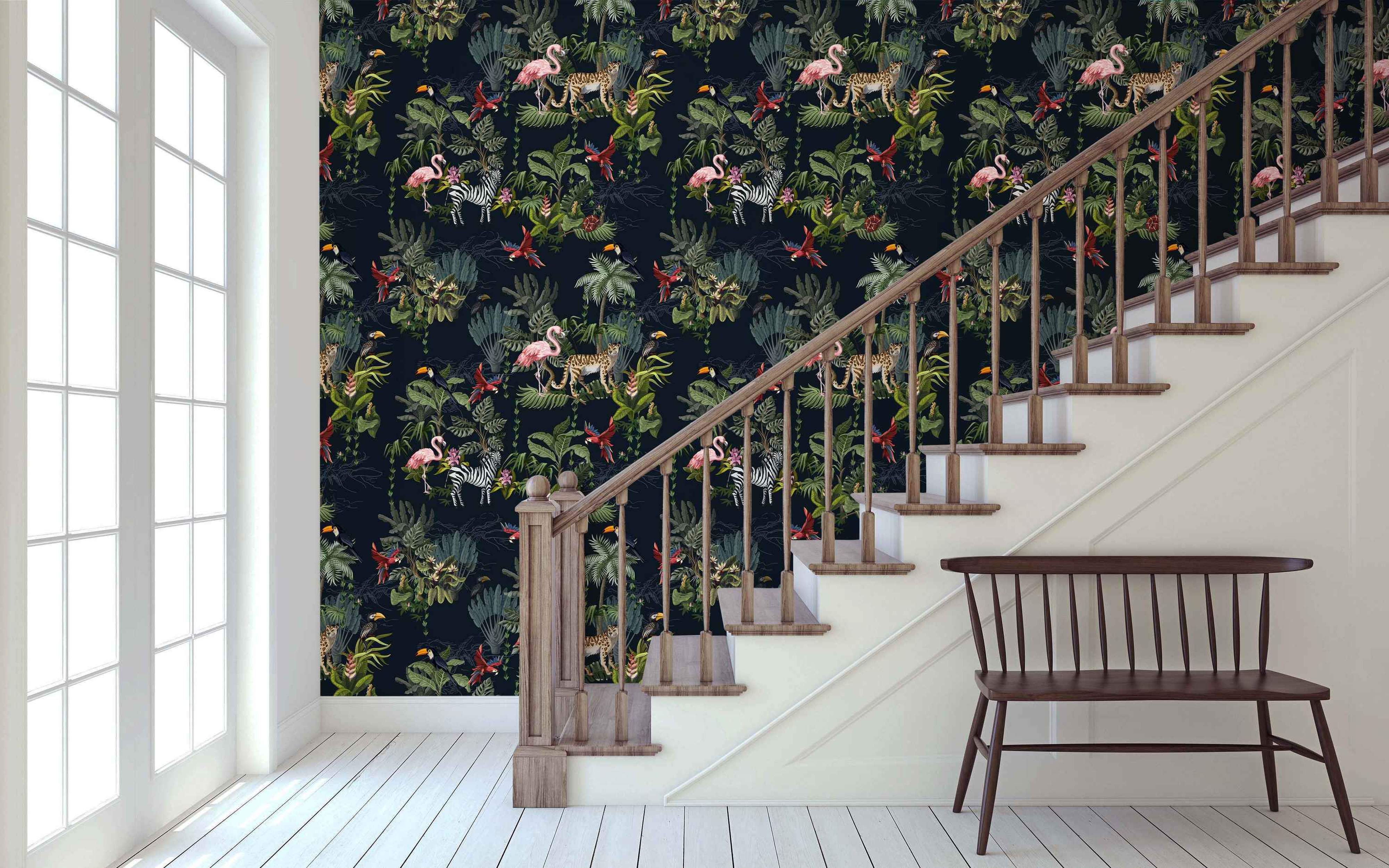 Dark tropical jungle wallpaper featuring repeating illustrations of flamingos, leopards, zebras, toucans, and green foliage.