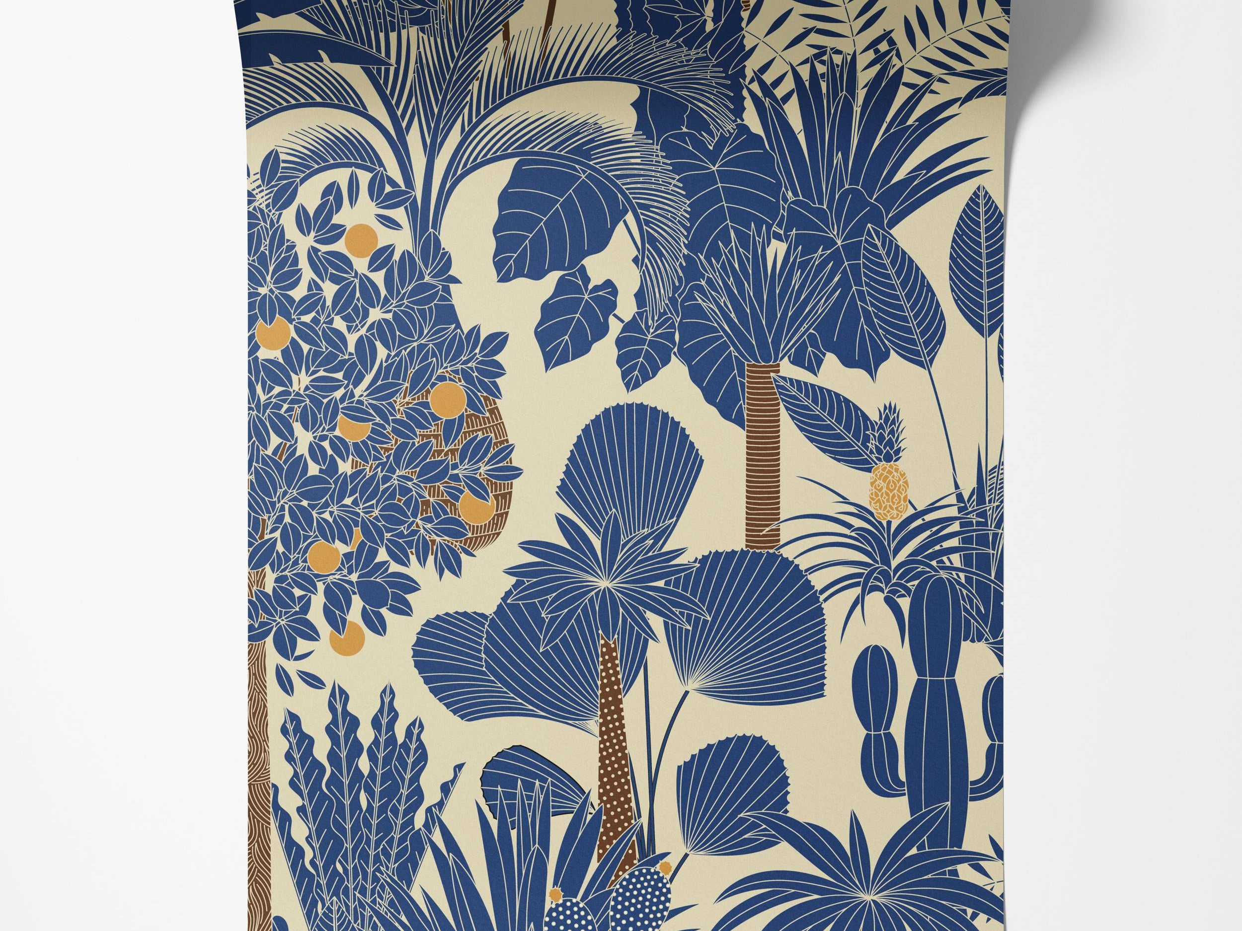 Stylized tropical jungle wallpaper with blue plants, orange fruits, and brown tree trunks on a beige background.
