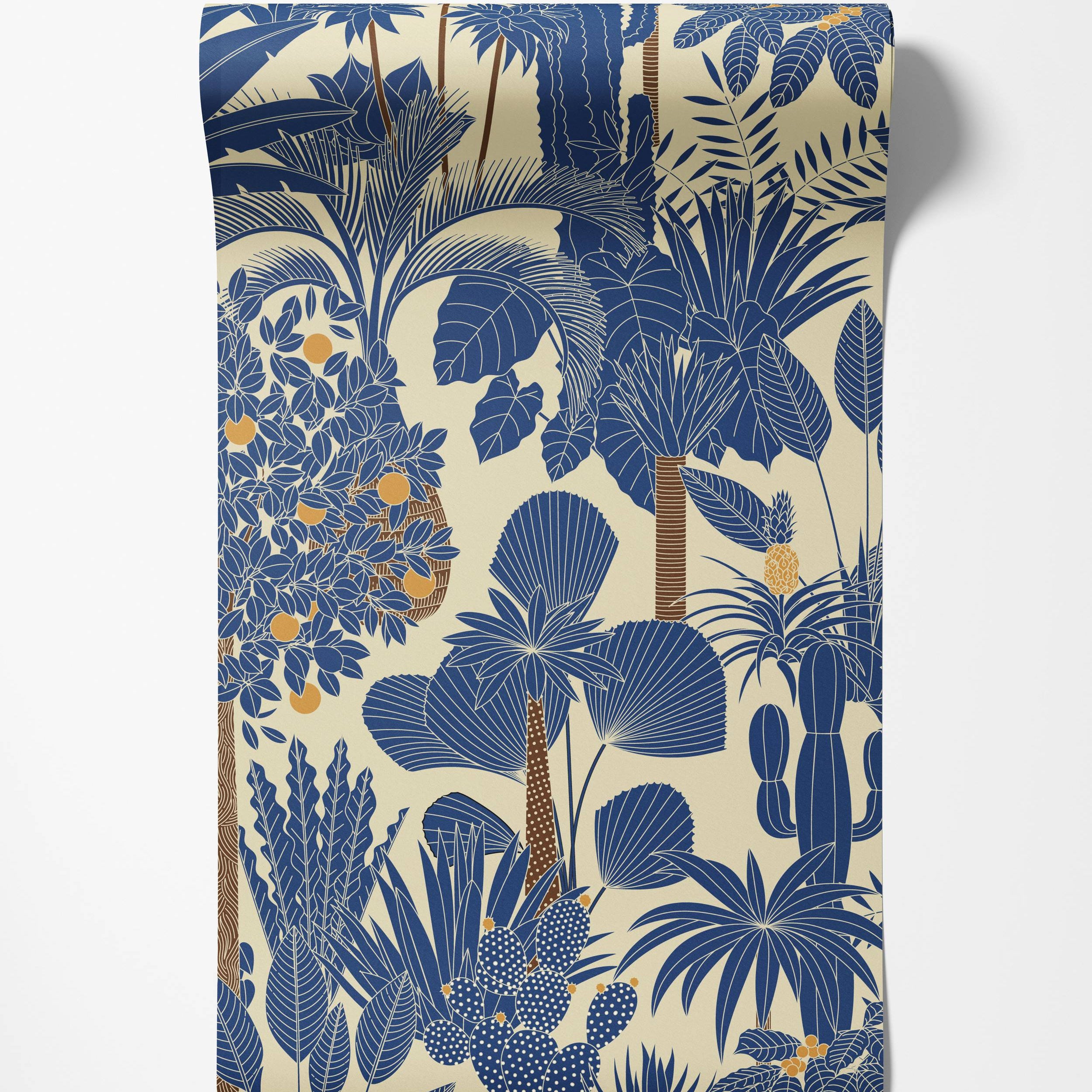 Stylized tropical jungle wallpaper with blue plants, orange fruits, and brown tree trunks on a beige background.