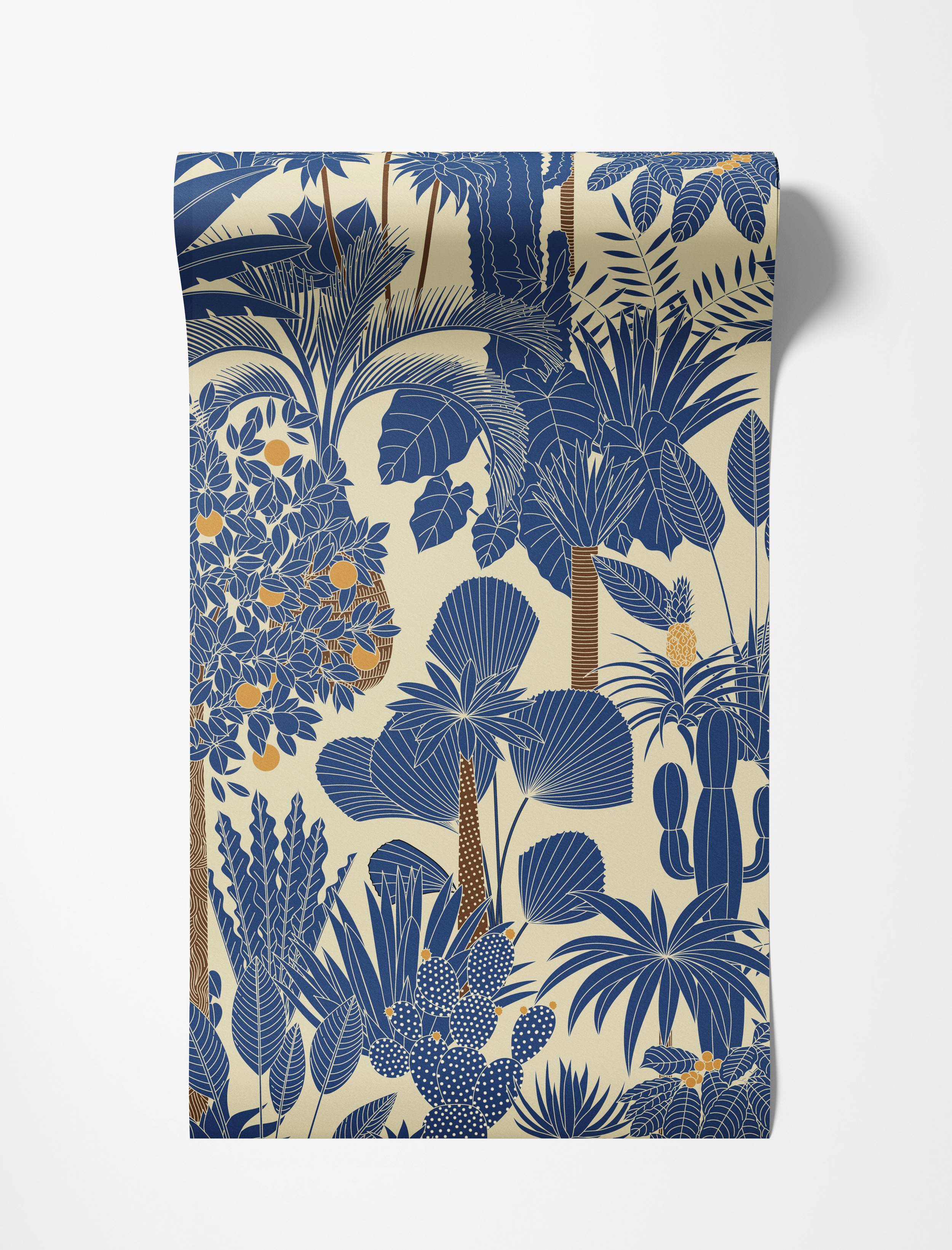 Stylized tropical jungle wallpaper with blue plants, orange fruits, and brown tree trunks on a beige background.