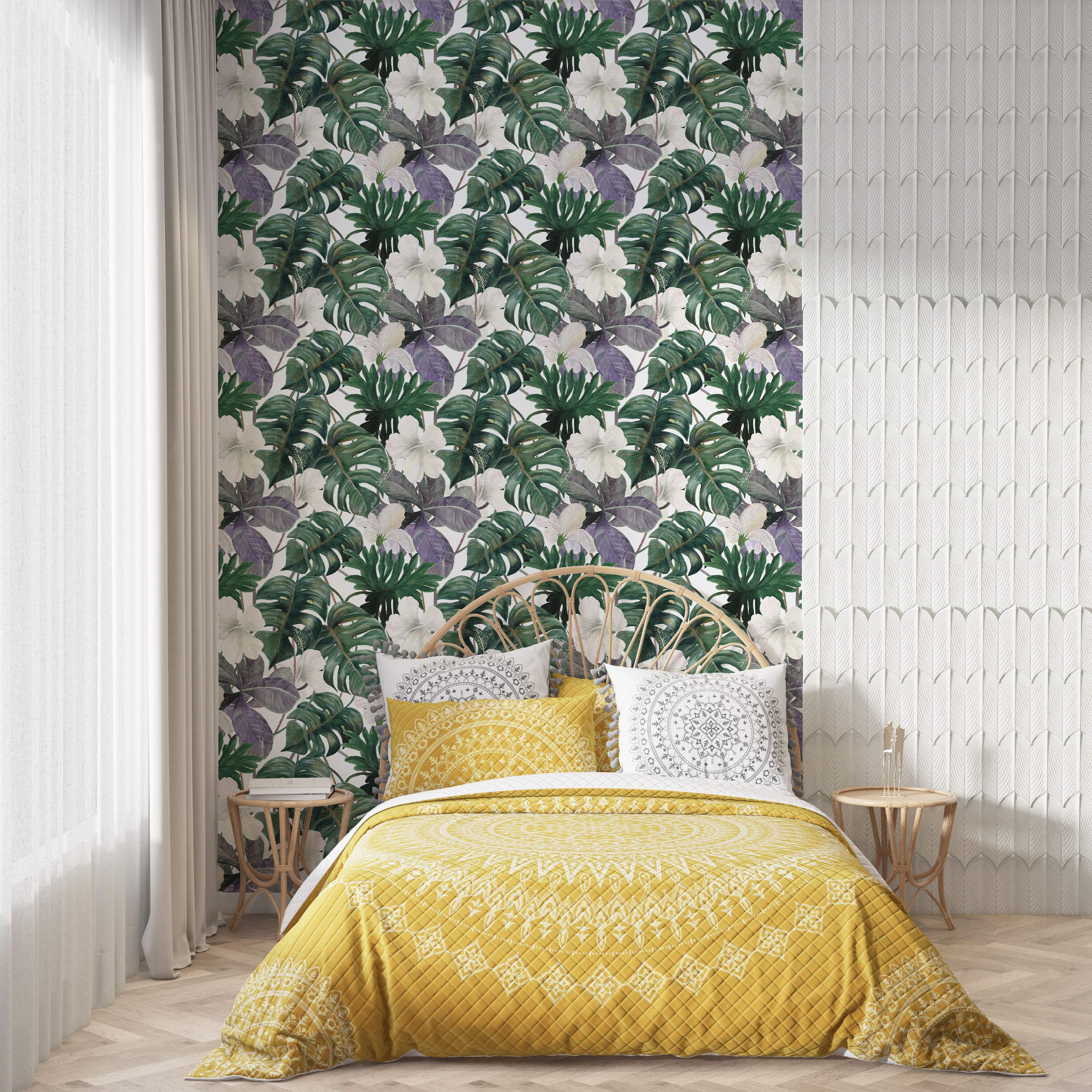 Green, purple, and white tropical floral wallpaper combined with a white textured geometric wallpaper pattern.