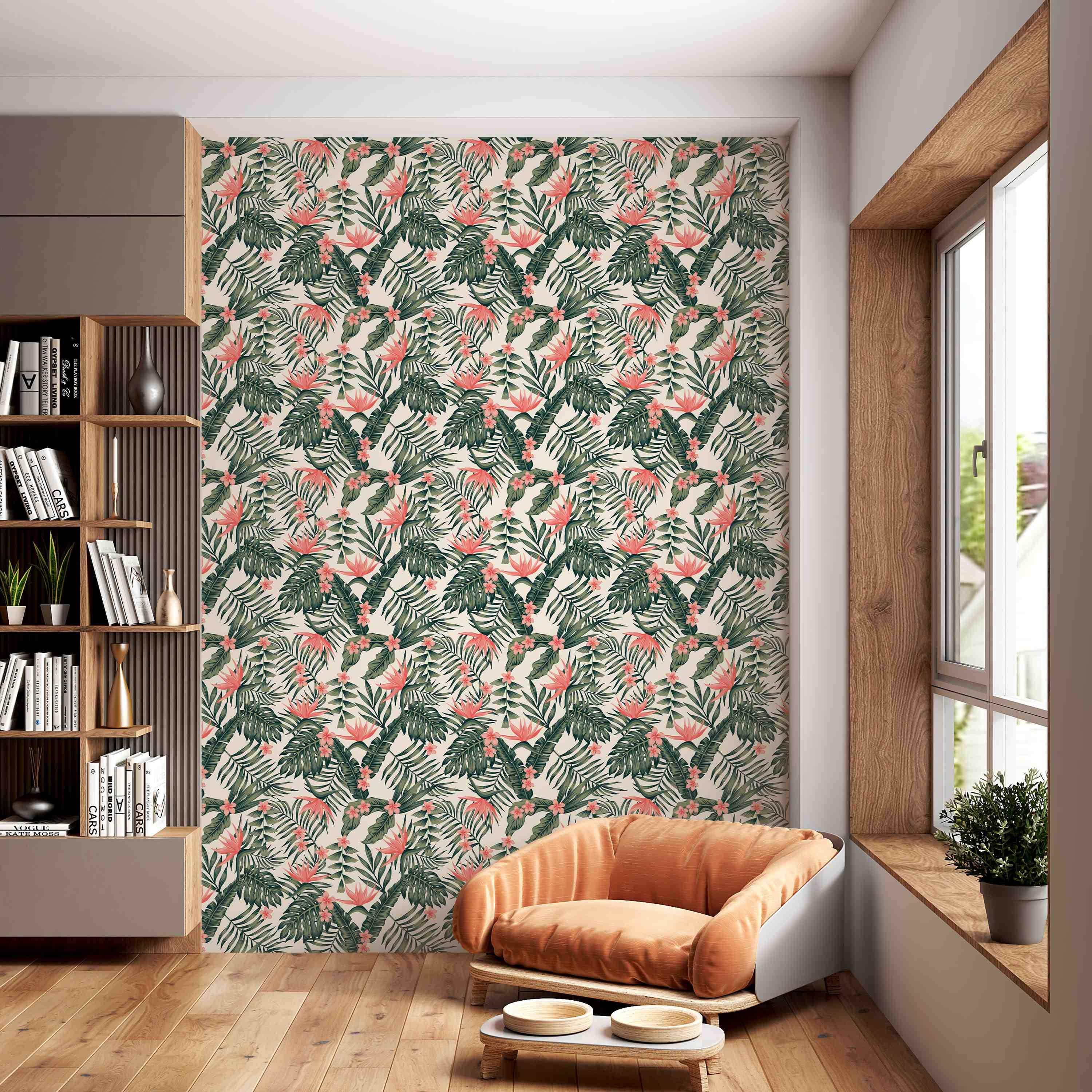 Tropical wallpaper with green monstera and palm leaves, accented by coral bird of paradise and pink plumeria flowers.