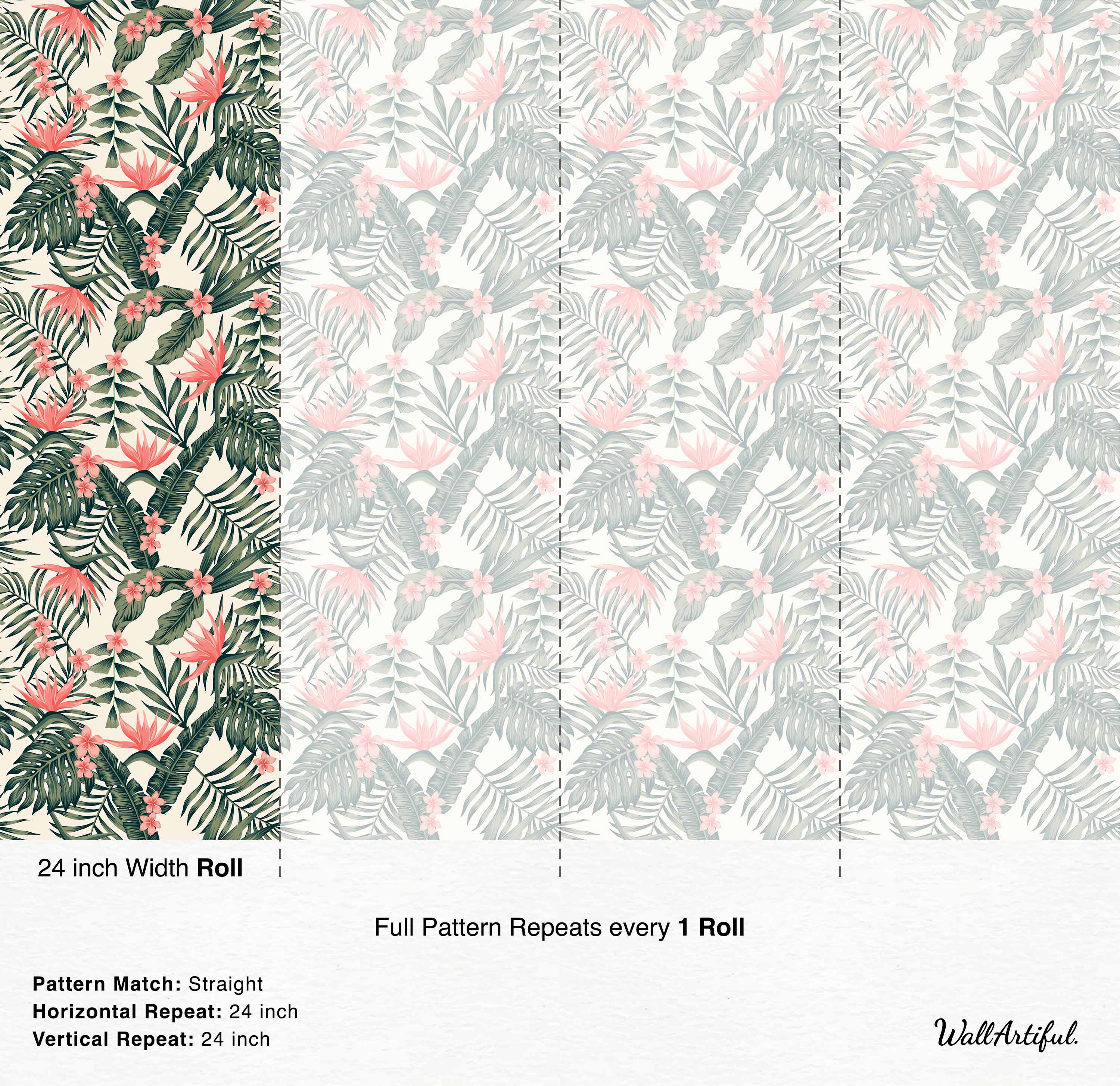Tropical wallpaper featuring green palm and monstera leaves with pink plumeria and bird of paradise flowers on a cream background.