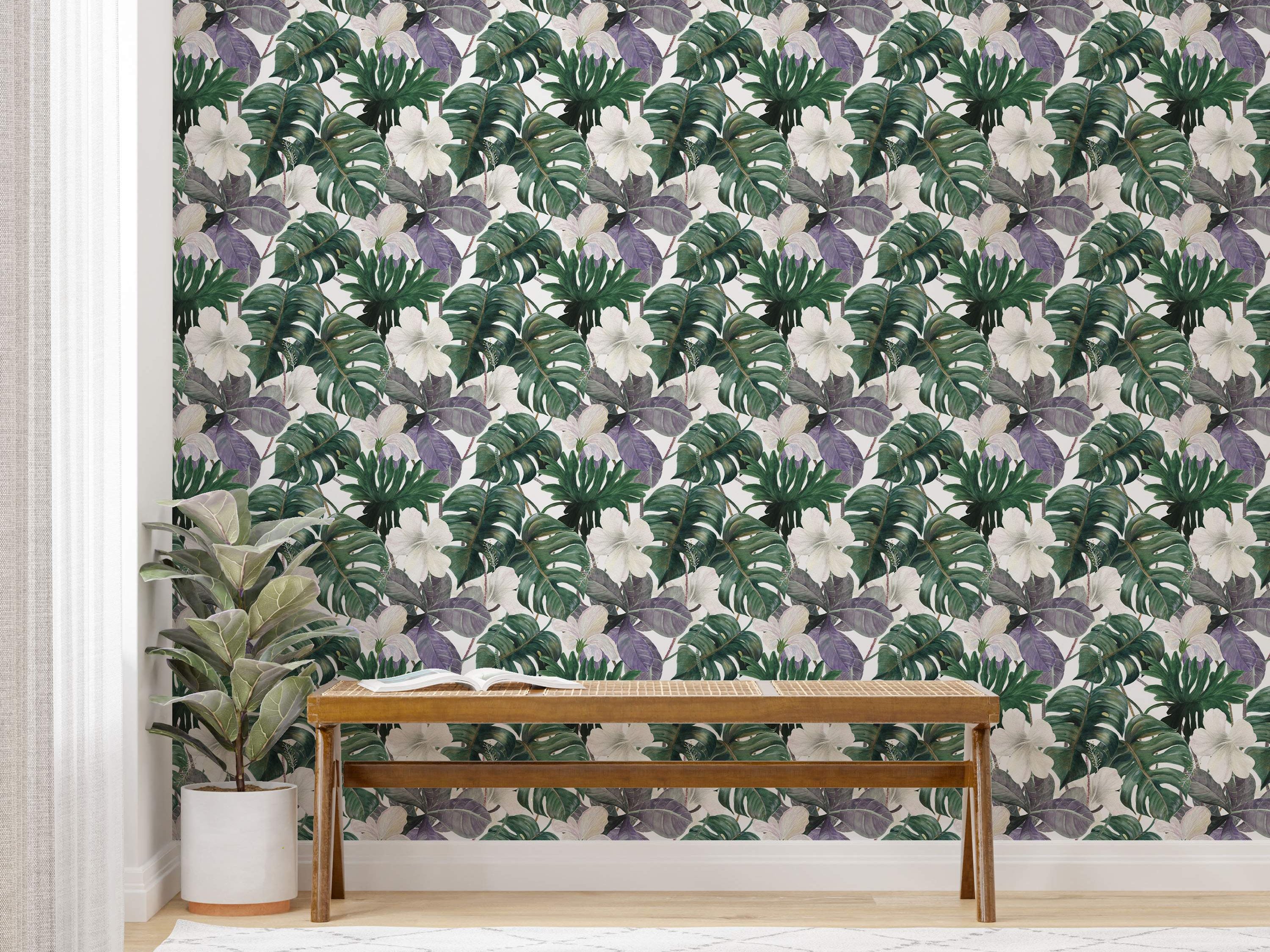Tropical wallpaper featuring large green monstera leaves, purple foliage, and white hibiscus flowers on a light background.