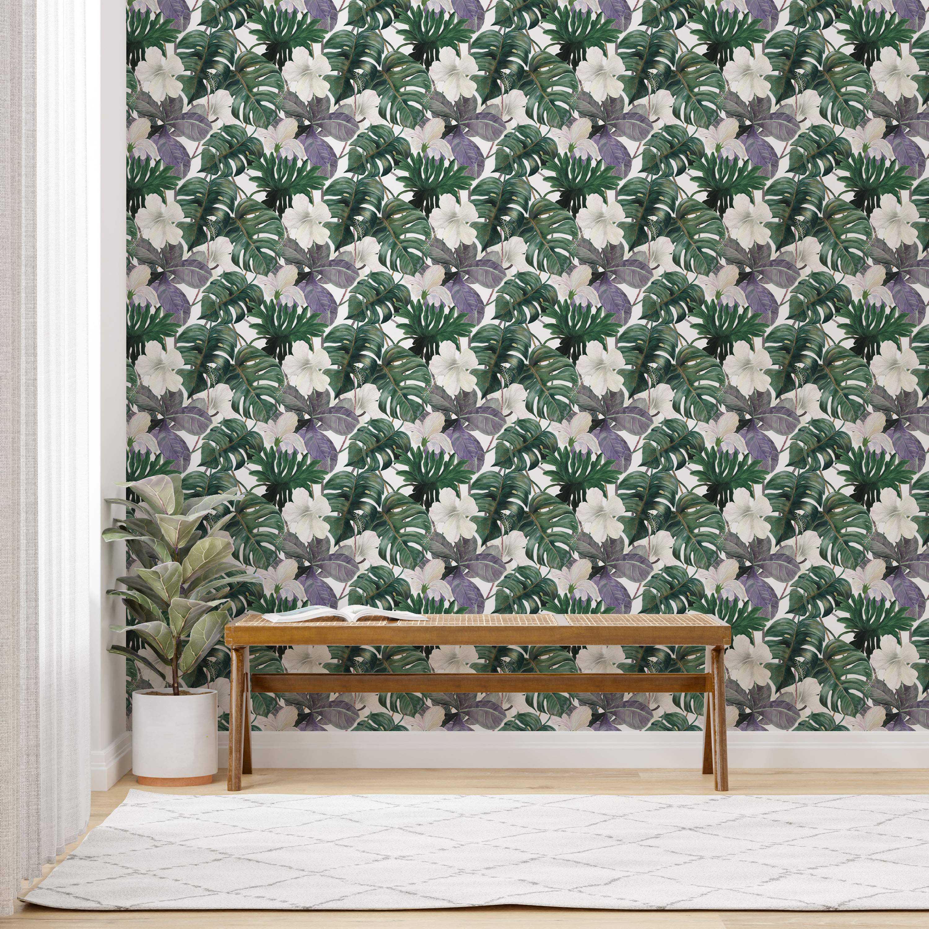 Tropical wallpaper featuring large green monstera leaves, purple foliage, and white hibiscus flowers on a light background.