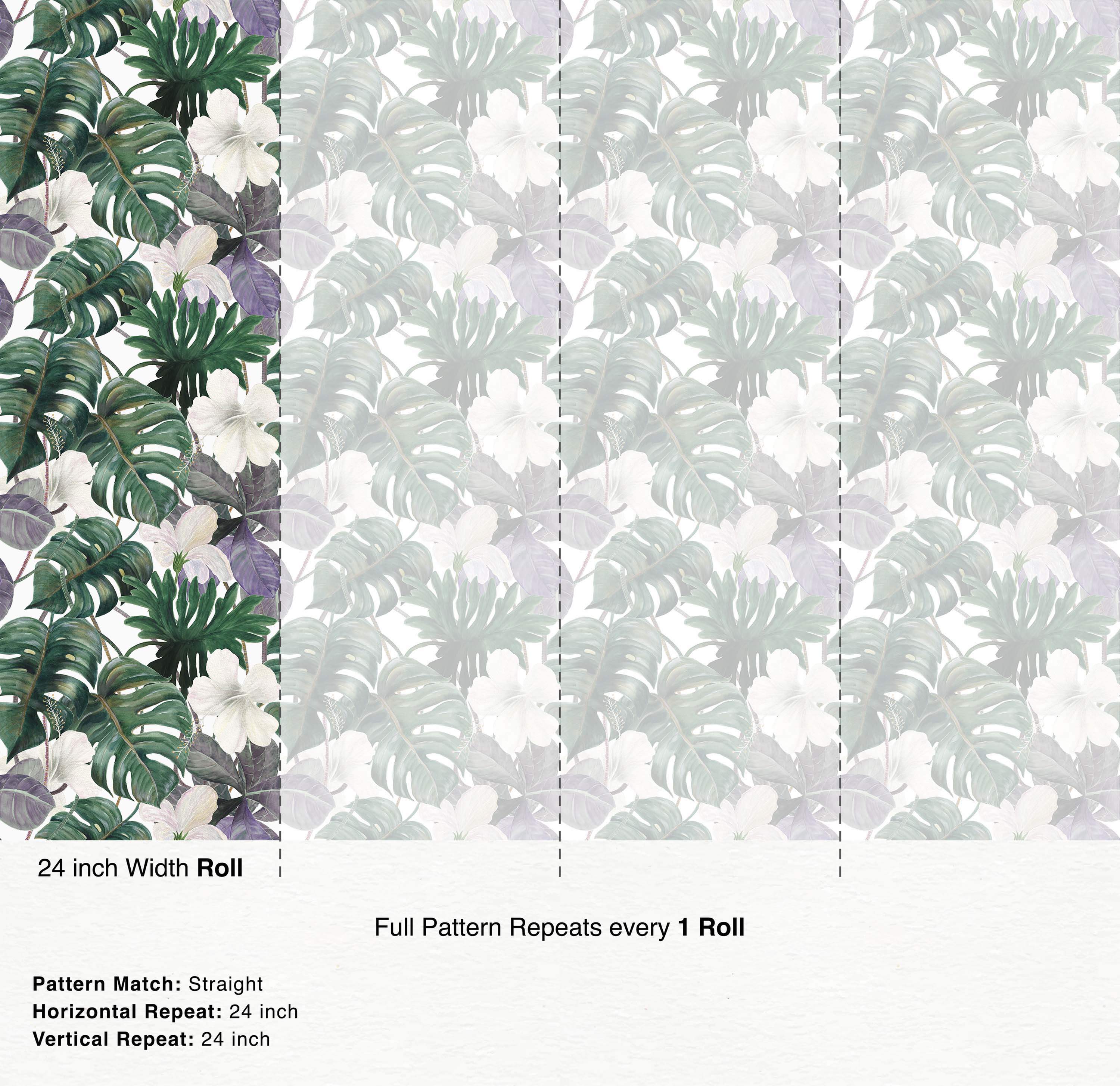 Tropical wallpaper with large green and purple leaves interspersed with white Hibiscus flowers.