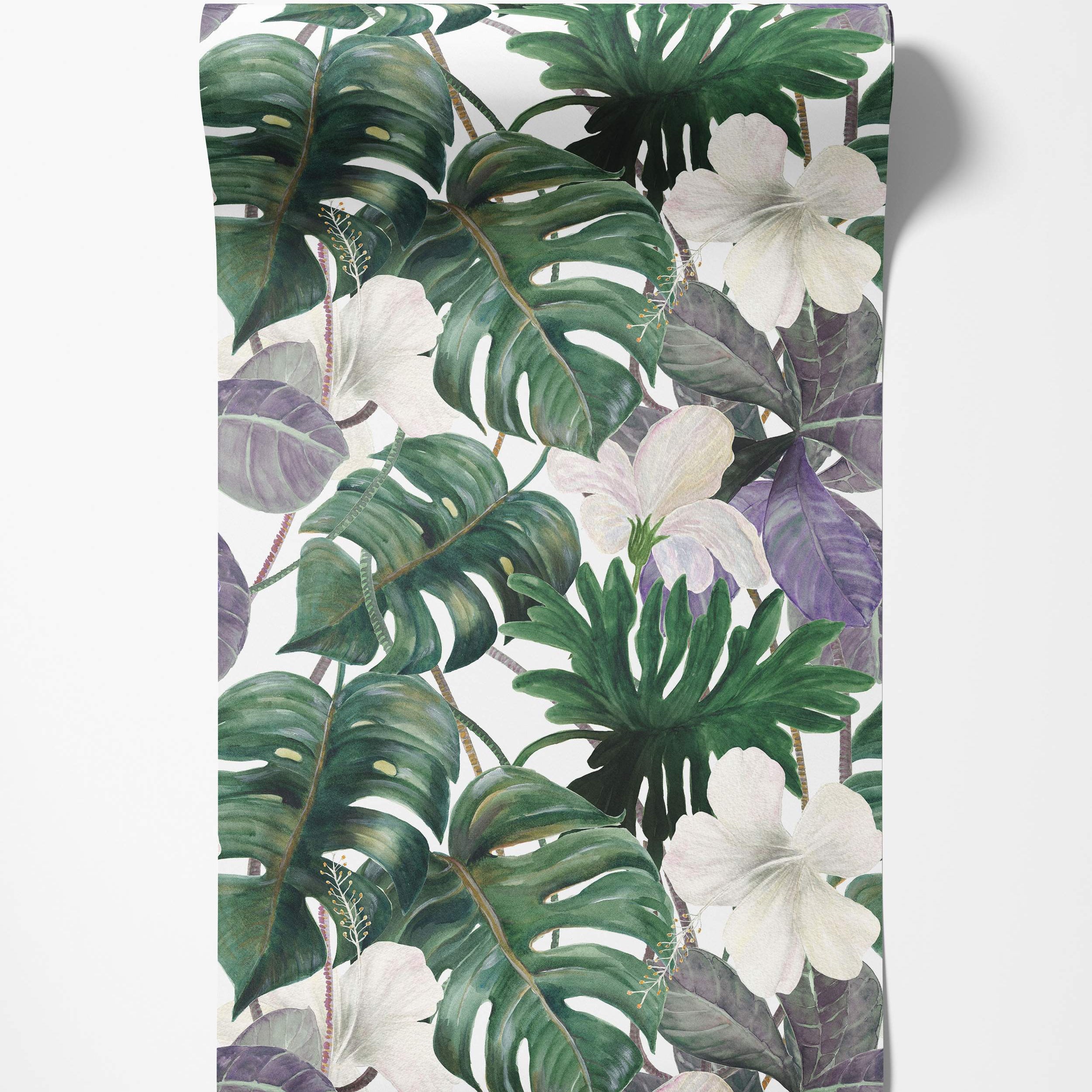 Tropical wallpaper with watercolor green monstera leaves, white hibiscus flowers, and dark purple foliage on a white background.