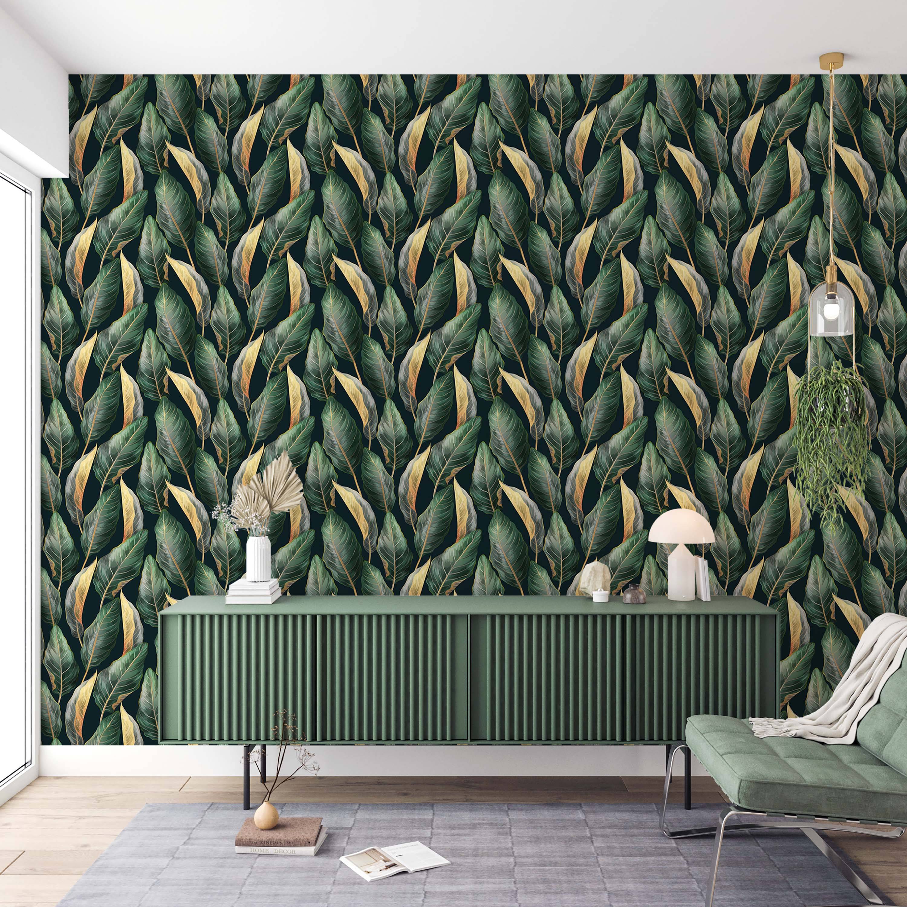 Wallpaper with a repeating pattern of stylized tropical leaves in dark green and golden hues, on a very dark background.