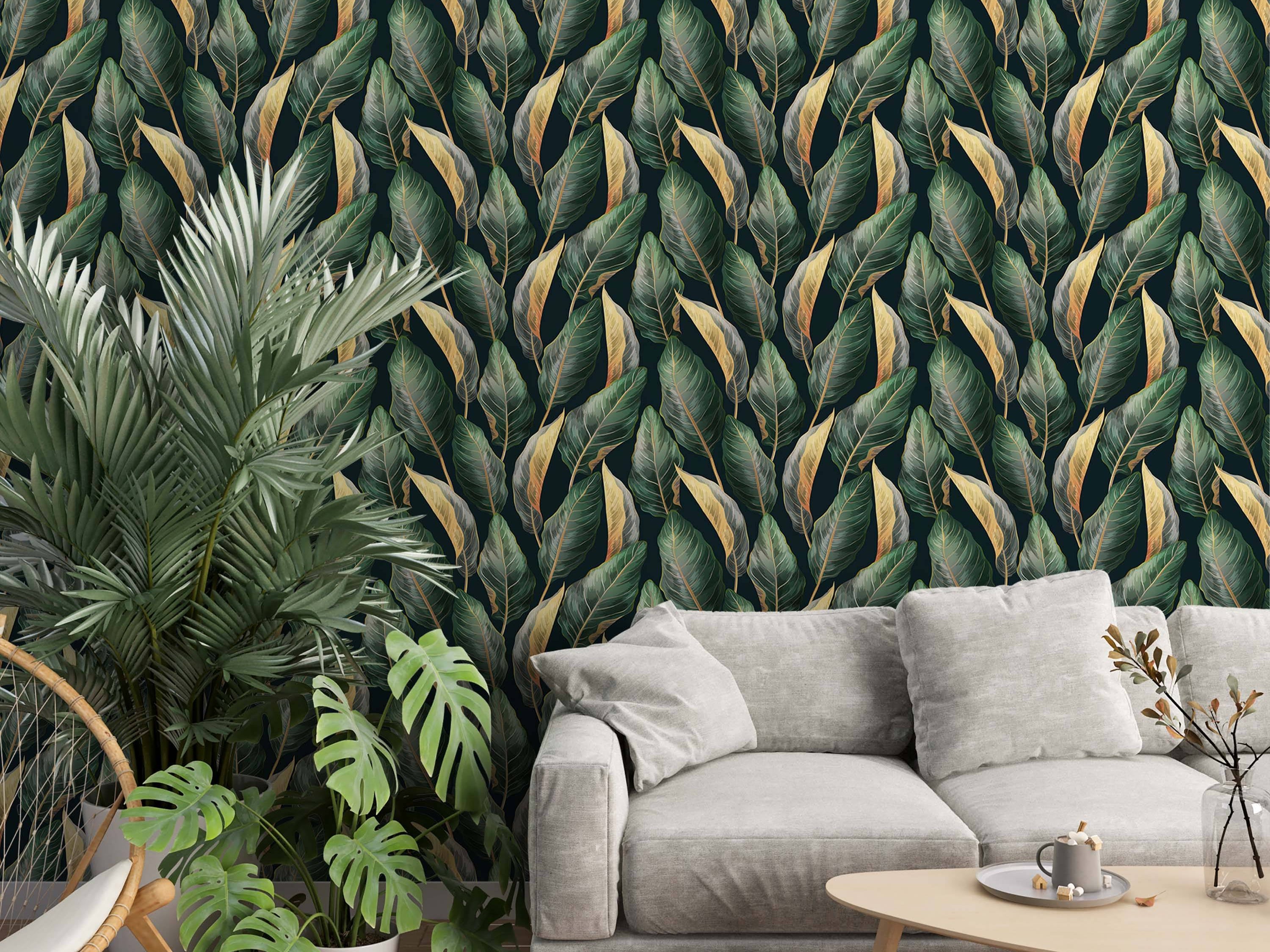 Wallpaper design with a repeating pattern of lush tropical leaves in dark green and shimmering gold, set against a dark background.